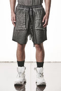 Thom Krom Shorts,Mens Shorts,Drop Crotch,Elasticated Waistband With Drawstrings,Regular Straight Fit,Raw Cut Hem Detailing,Lenght Above The Knee,Woven Linen Insert in Crotch,Bellow And Welt Pocket Construction,Hidden Zip Pockets At Front, Half Body Picture