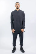 Thom Krom,Mens Shirt,Long Cotton Shirt,Stand-Up Collar,Raw Cut,Slim Fit,Tonal Design Stitchings,Raw Cut Hems And Cuffs,Hidden Button Panel,Front View.