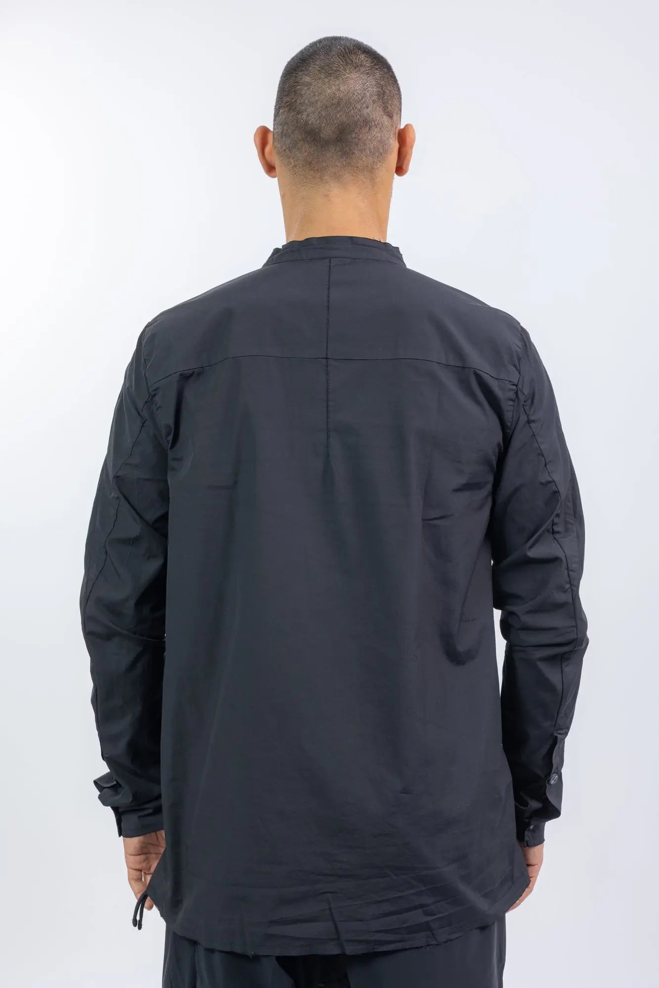 Thom Krom,Mens Shirt,Long Cotton Shirt,Stand-Up Collar,Raw Cut,Slim Fit,Tonal Design Stitchings,Raw Cut Hems And Cuffs,Hidden Button Panel,Back View.