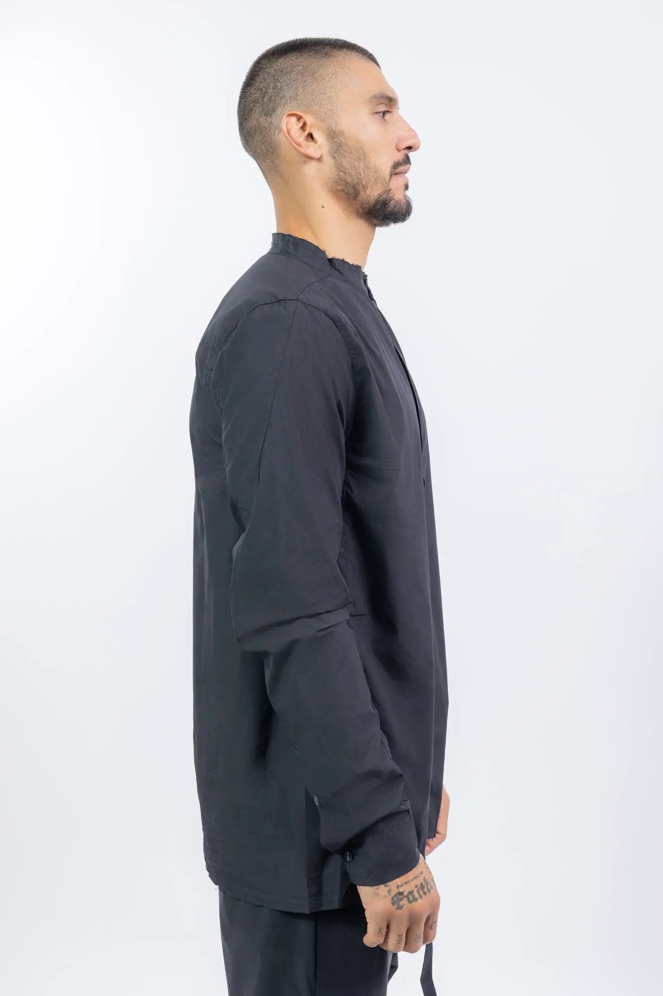 Thom Krom,Mens Shirt,Long Cotton Shirt,Stand-Up Collar,Raw Cut,Slim Fit,Tonal Design Stitchings,Raw Cut Hems And Cuffs,Hidden Button Panel,Profile View.