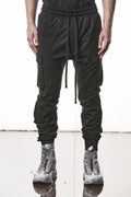 Thom Krom, Mens Pants, Black, Cargo Pockets, Stretch Cotton, Elastane, Spandex, Elasticated Waistband, Drawstring, Elasticated Cuffs, Long Legs, Regular Fit, Side Pockets, YKK Zippers, Front Portrait. 