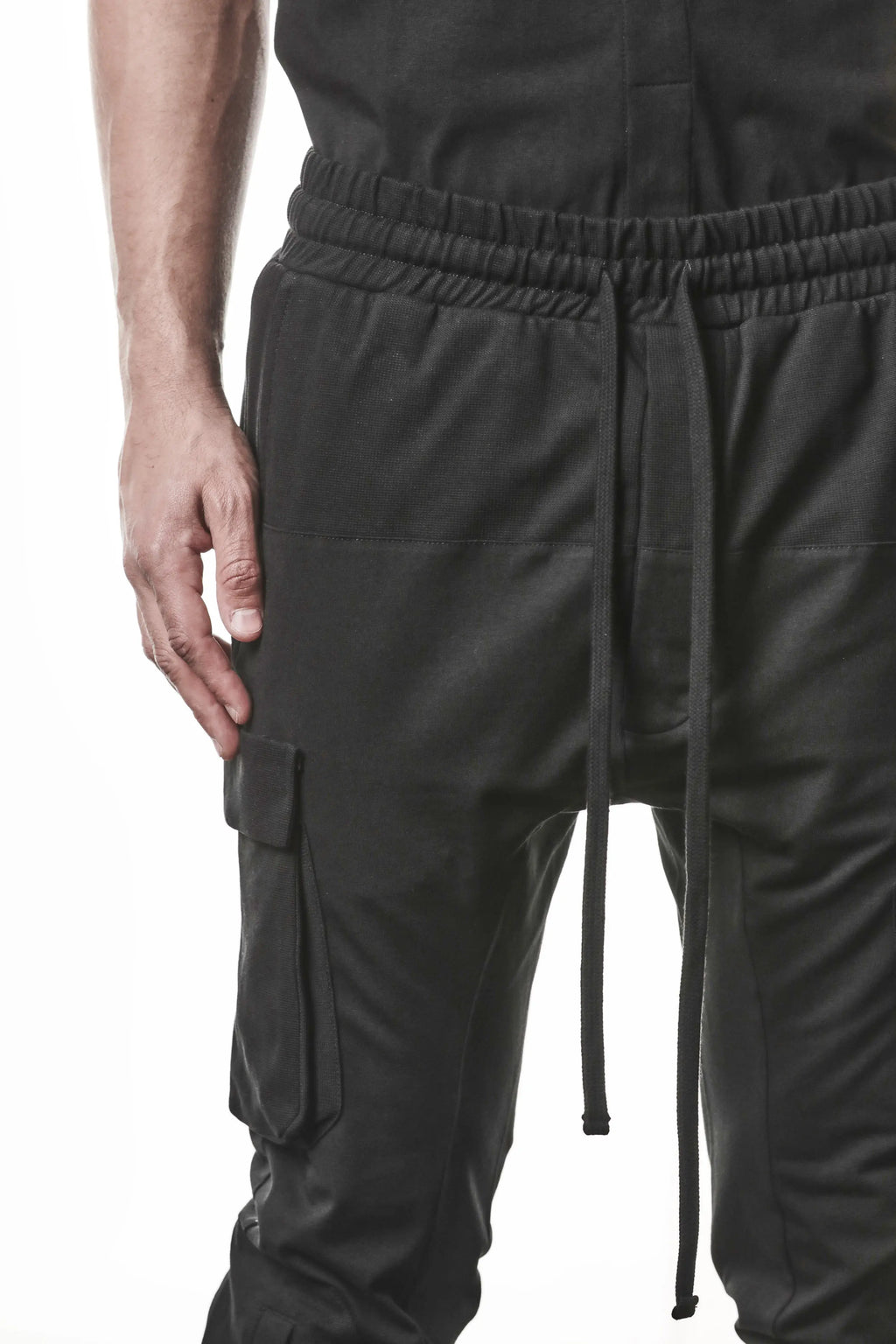 Thom Krom, Mens Pants, Black, Cargo Pockets, Stretch Cotton, Elastane, Spandex, Elasticated Waistband, Drawstring, Elasticated Cuffs, Long Legs, Regular Fit, Side Pockets, YKK Zippers, Close-up Pockets and Waistband Showcase. 