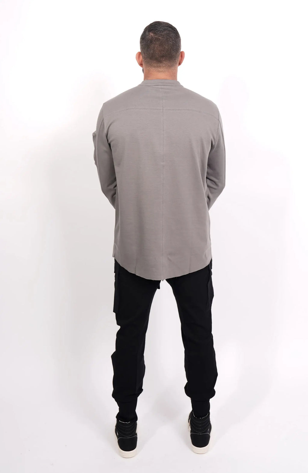 Thom Krom, Mens Shirt, Anthracite Grey, Long Sleeves, Hidden Placket, Sleeve Zip Pocket, Stand up Collar, Exposed Seams, Full Body Back View. 