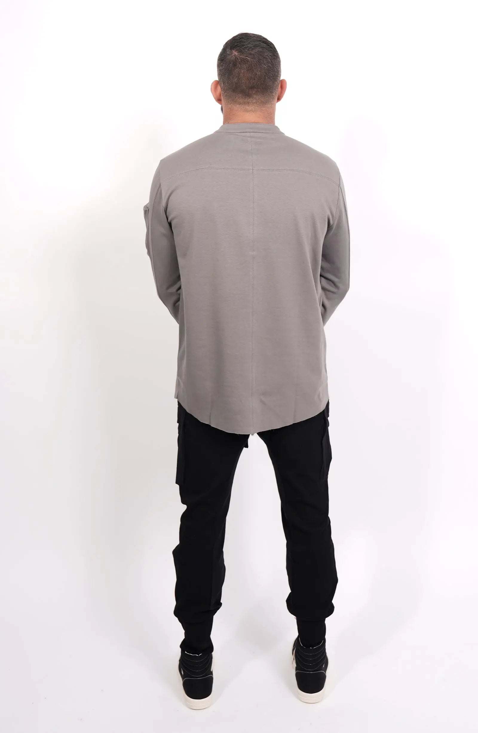 Thom Krom, Mens Shirt, Anthracite Grey, Long Sleeves, Hidden Placket, Sleeve Zip Pocket, Stand up Collar, Exposed Seams, Full Body Back View. 