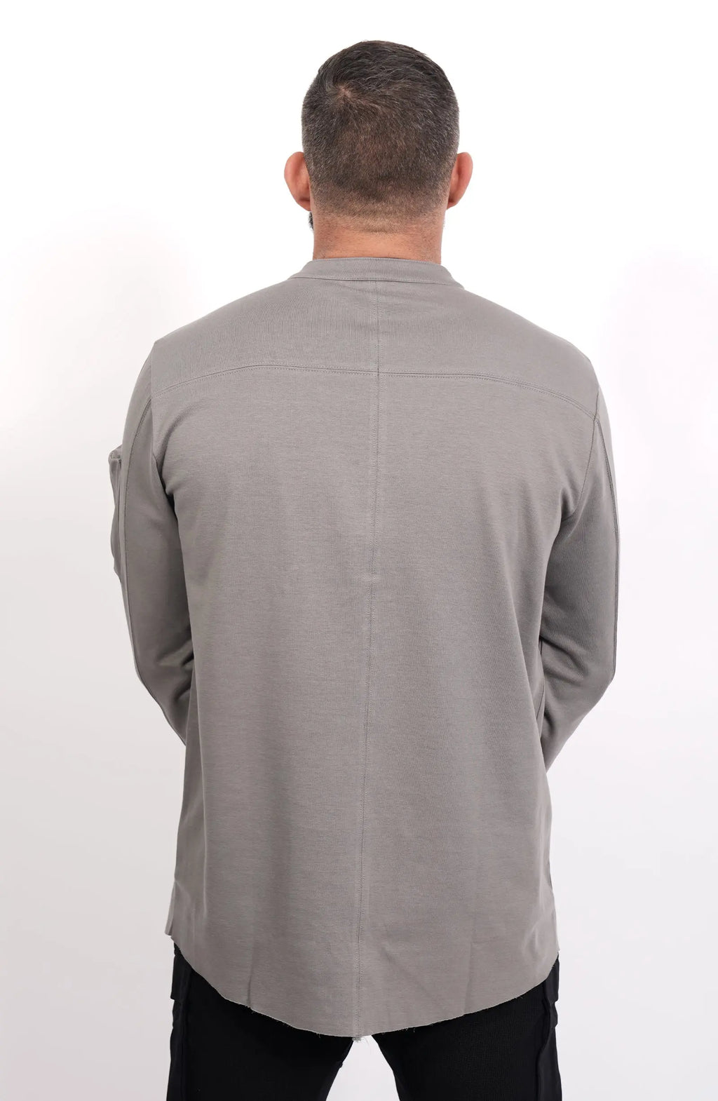 Thom Krom, Mens Shirt, Anthracite Grey, Long Sleeves, Hidden Placket, Sleeve Zip Pocket, Stand up Collar, Exposed Seams, Back Portrait. 