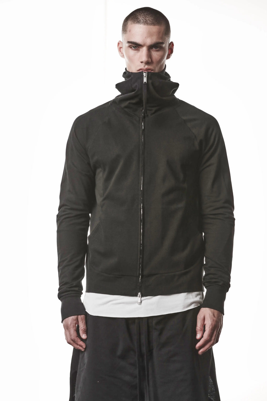 Thom Krom, Mens Jacket, Black, Two-way Zip, Full-zip, Ykk Zipper, Side Pockets, Long Sleeves, Hood, Ribbed Hem and Cuffs, Hidden Pockets, Front Portrait. 