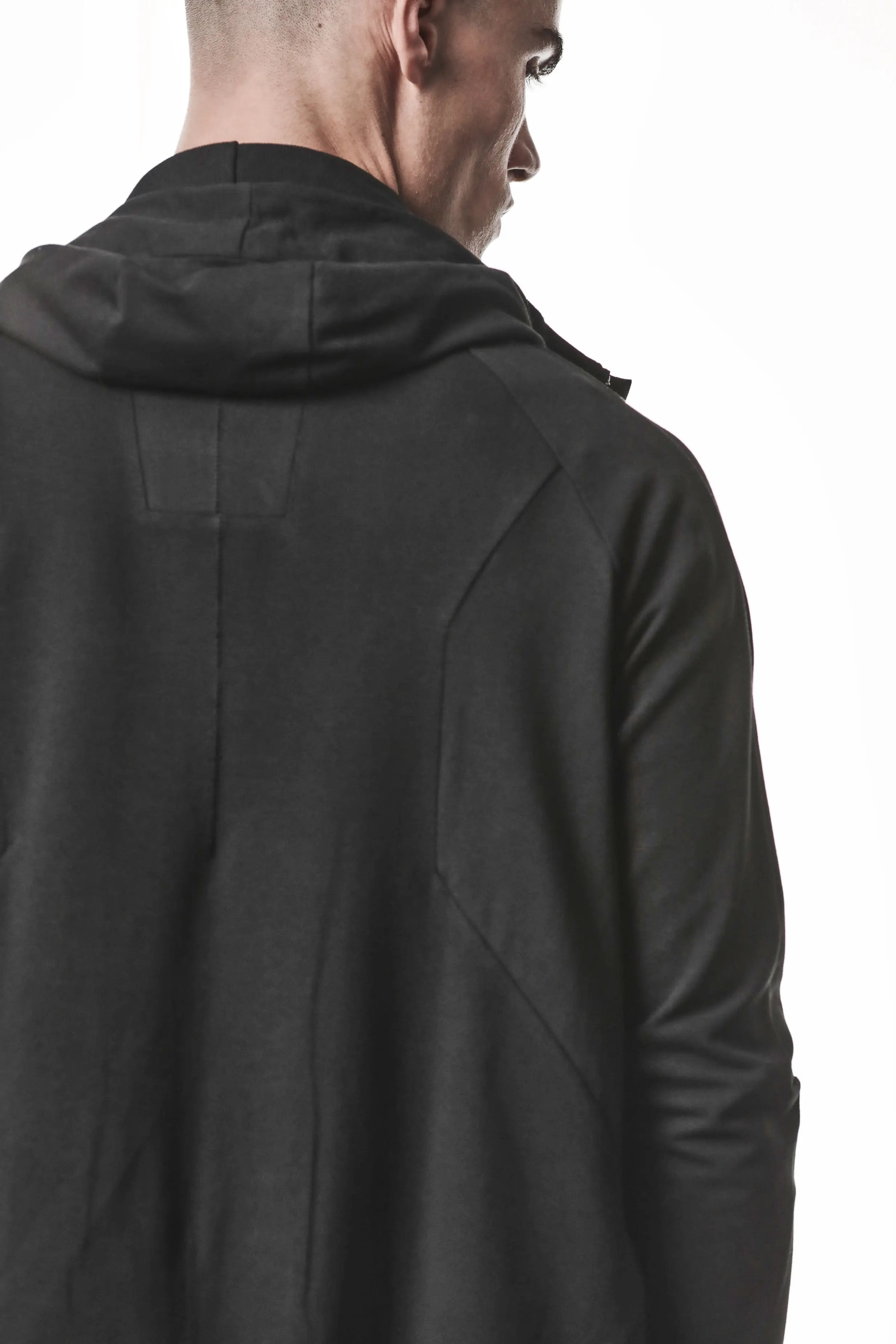Thom Krom, Mens Jacket, Black, Two-way Zip, Full-zip, Ykk Zipper, Side Pockets, Long Sleeves, Hood, Ribbed Hem and Cuffs, Hidden Pockets, Shoulder and Hood Close-up. 