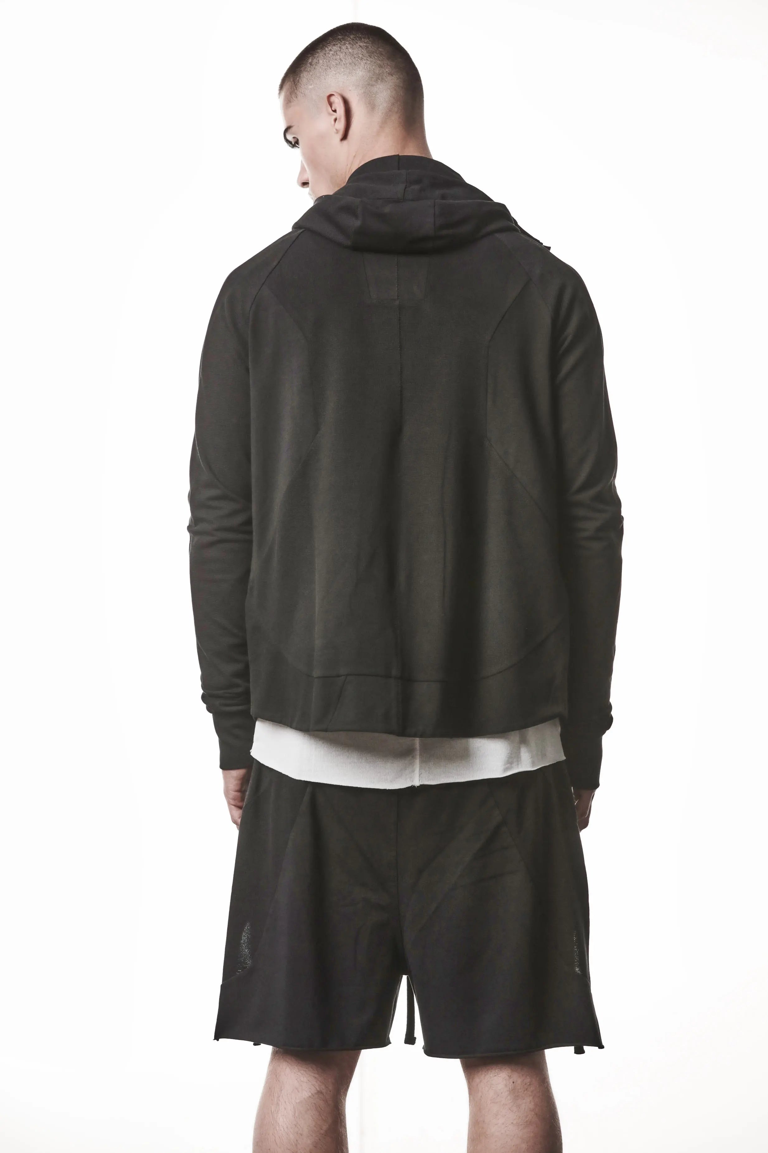 Thom Krom, Mens Jacket, Black, Two-way Zip, Full-zip, Ykk Zipper, Side Pockets, Long Sleeves, Hood, Ribbed Hem and Cuffs, Hidden Pockets, Back Portrait Looking Left. 