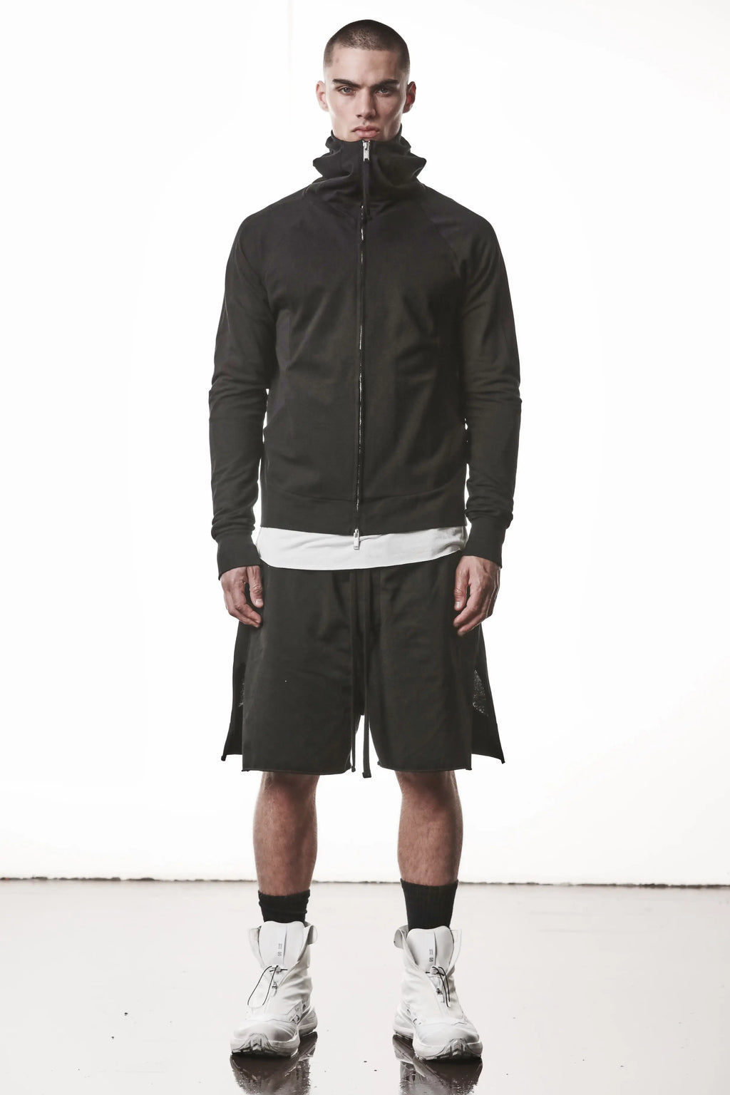 Thom Krom, Mens Jacket, Black, Two-way Zip, Full-zip, Ykk Zipper, Side Pockets, Long Sleeves, Hood, Ribbed Hem and Cuffs, Hidden Pockets, Full Body Front View. 