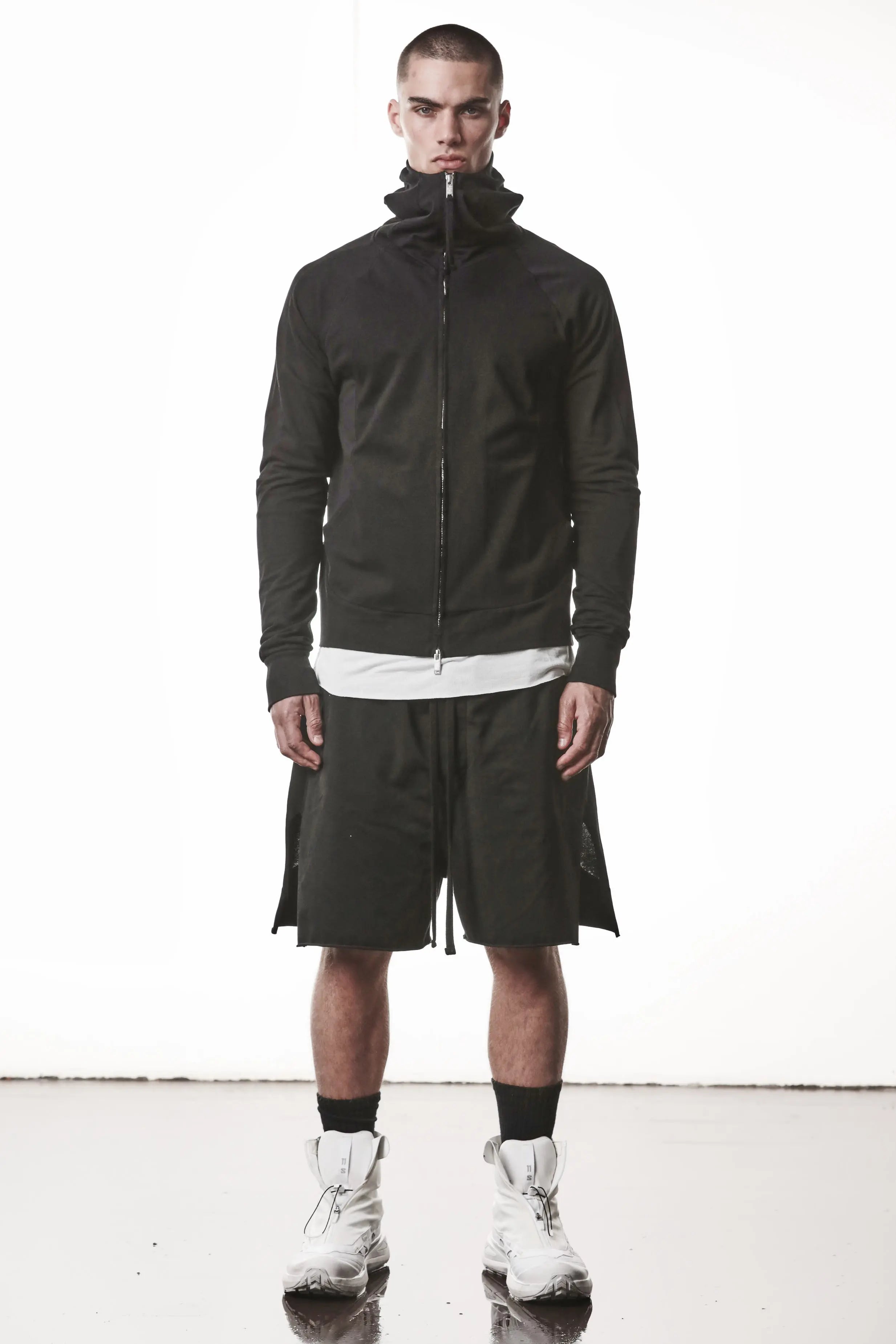 Thom Krom, Mens Jacket, Black, Two-way Zip, Full-zip, Ykk Zipper, Side Pockets, Long Sleeves, Hood, Ribbed Hem and Cuffs, Hidden Pockets, Full Body Front View. 