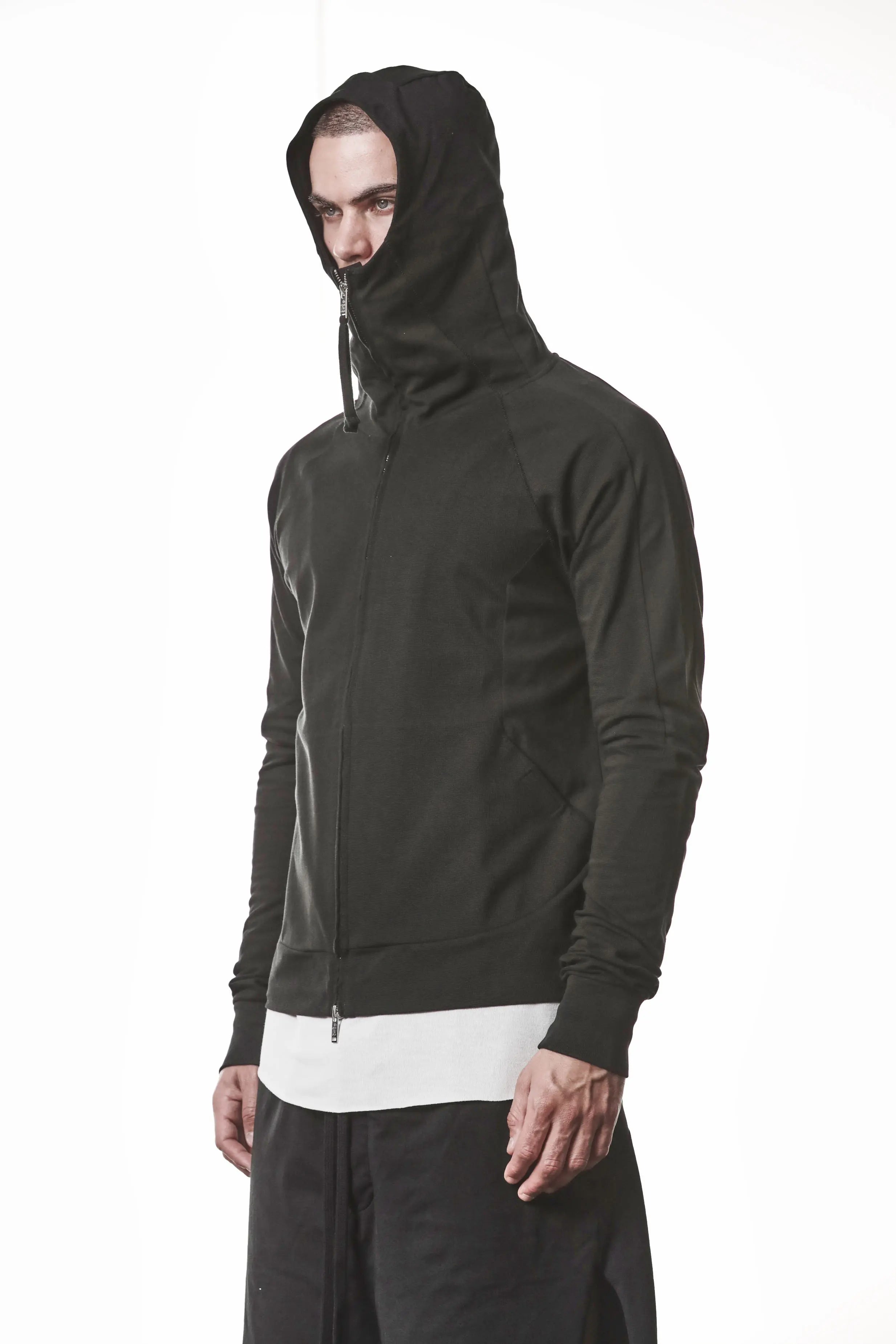 Thom Krom, Mens Jacket, Black, Two-way Zip, Full-zip, Ykk Zipper, Side Pockets, Long Sleeves, Hood, Ribbed Hem and Cuffs, Hidden Pockets, Front Portrait 3/4 Hooded Zipped. 