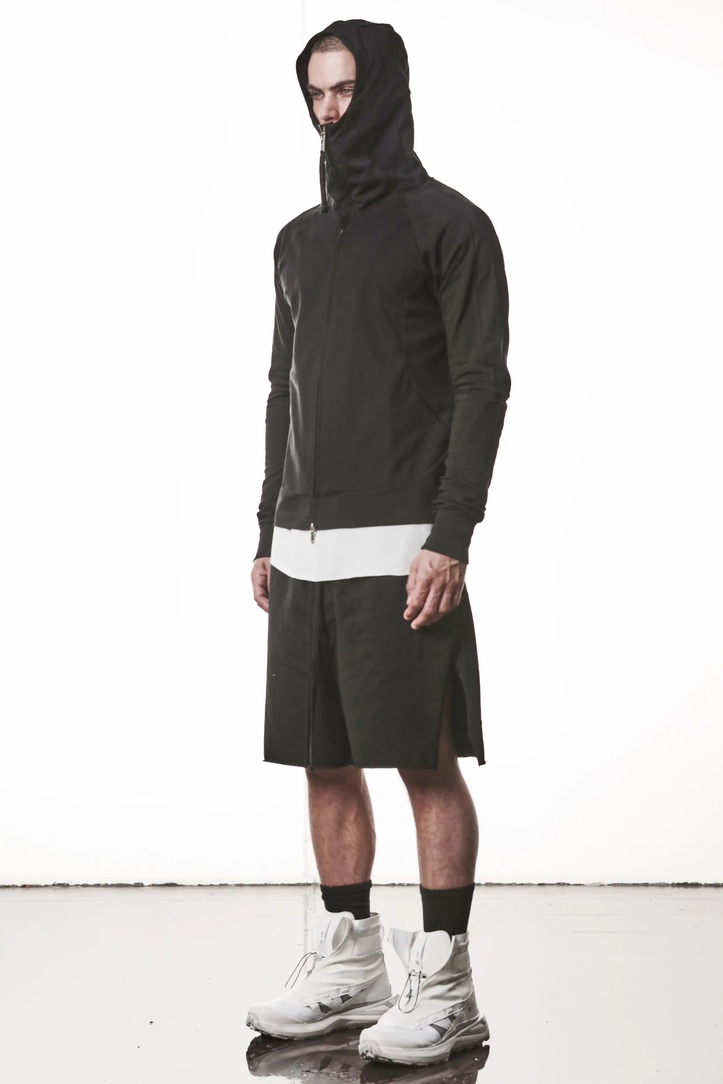 Thom Krom, Mens Jacket, Black, Two-way Zip, Full-zip, Ykk Zipper, Side Pockets, Long Sleeves, Hood, Ribbed Hem and Cuffs, Hidden Pockets, Full Body 3/4 Front View Hooded. 