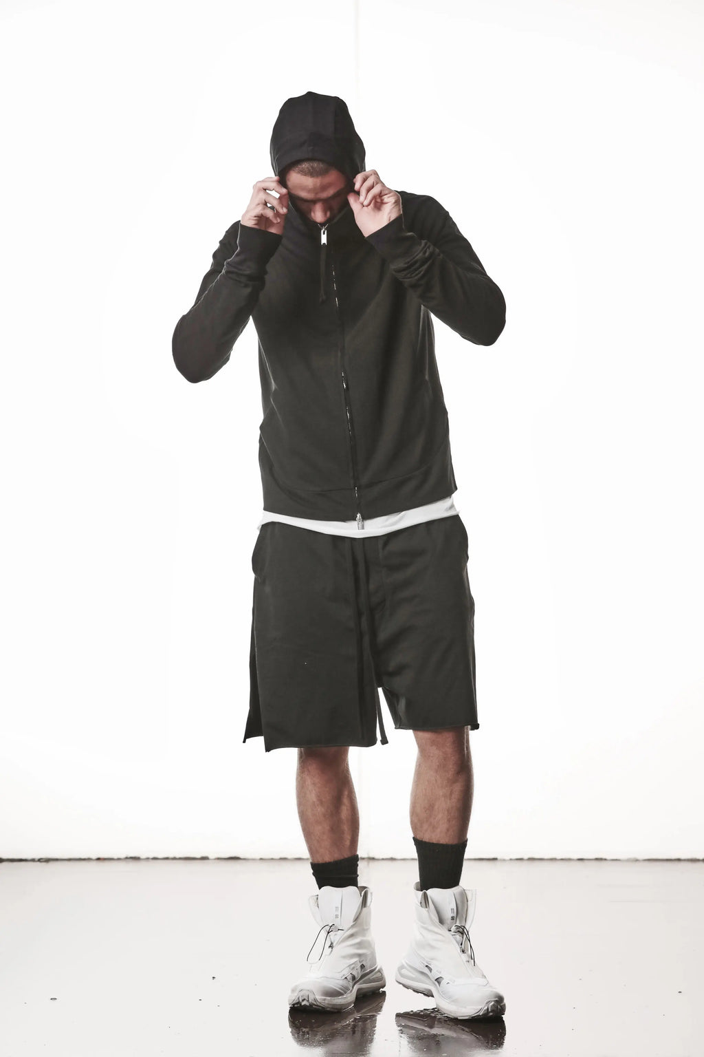 Thom Krom, Mens Jacket, Black, Two-way Zip, Full-zip, Ykk Zipper, Side Pockets, Long Sleeves, Hood, Ribbed Hem and Cuffs, Hidden Pockets, Full Body Looking Down Hooded. 