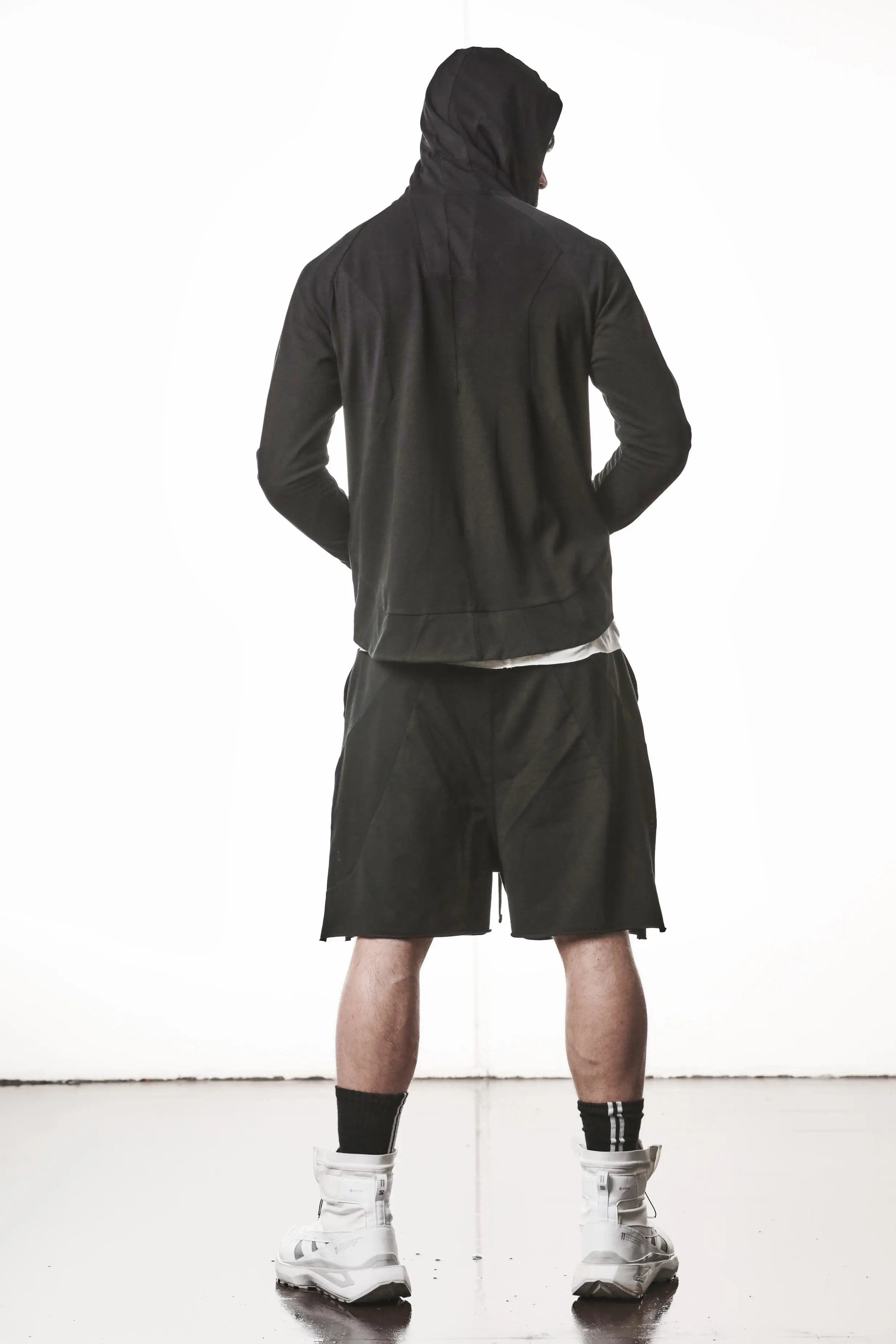 Thom Krom, Mens Jacket, Black, Two-way Zip, Full-zip, Ykk Zipper, Side Pockets, Long Sleeves, Hood, Ribbed Hem and Cuffs, Hidden Pockets, Full Body Back View Hands in Pockets. 