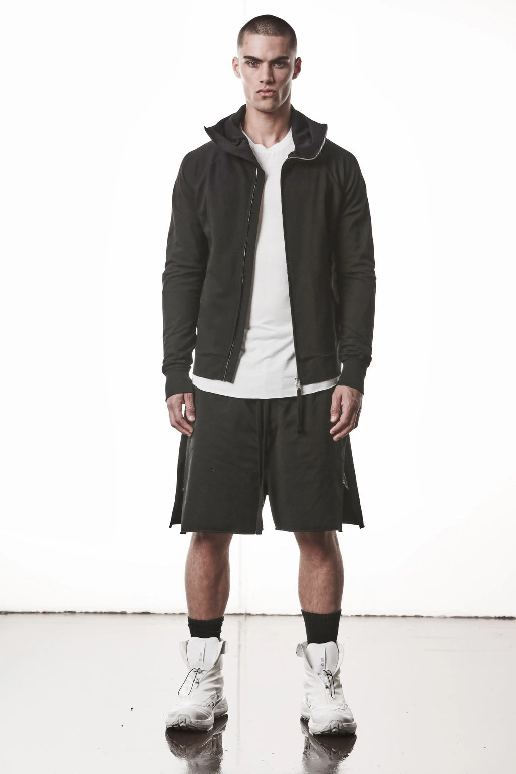 Thom Krom, Mens Jacket, Black, Two-way Zip, Full-zip, Ykk Zipper, Side Pockets, Long Sleeves, Hood, Ribbed Hem and Cuffs, Hidden Pockets, Full Body Front View Unzipped. 
