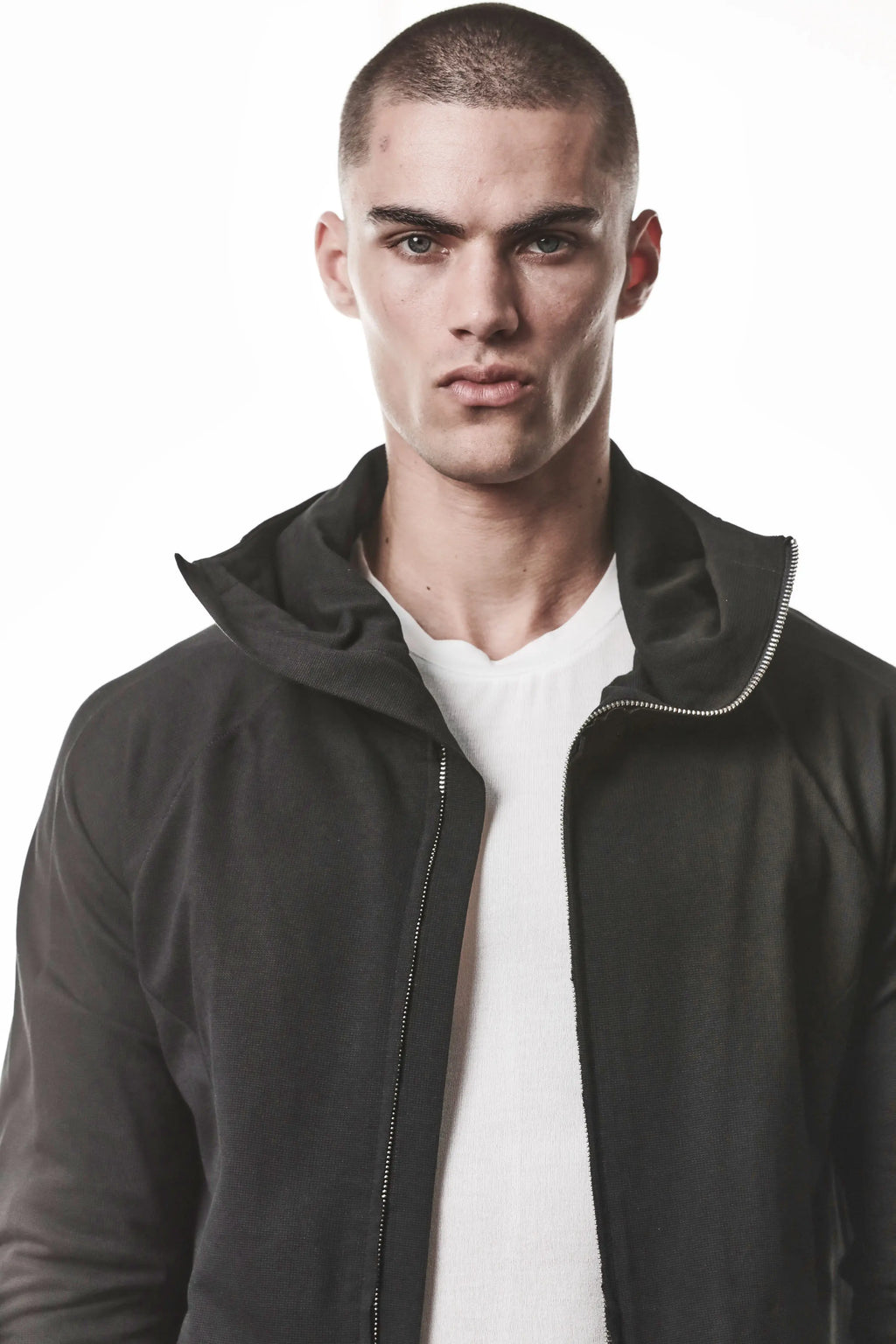 Thom Krom, Mens Jacket, Black, Two-way Zip, Full-zip, Ykk Zipper, Side Pockets, Long Sleeves, Hood, Ribbed Hem and Cuffs, Hidden Pockets, Front Portrait Unzipped View. 