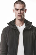 Thom Krom, Mens Jacket, Black, Two-way Zip, Full-zip, Ykk Zipper, Side Pockets, Long Sleeves, Hood, Ribbed Hem and Cuffs, Hidden Pockets, Front Portrait Unzipped View. 