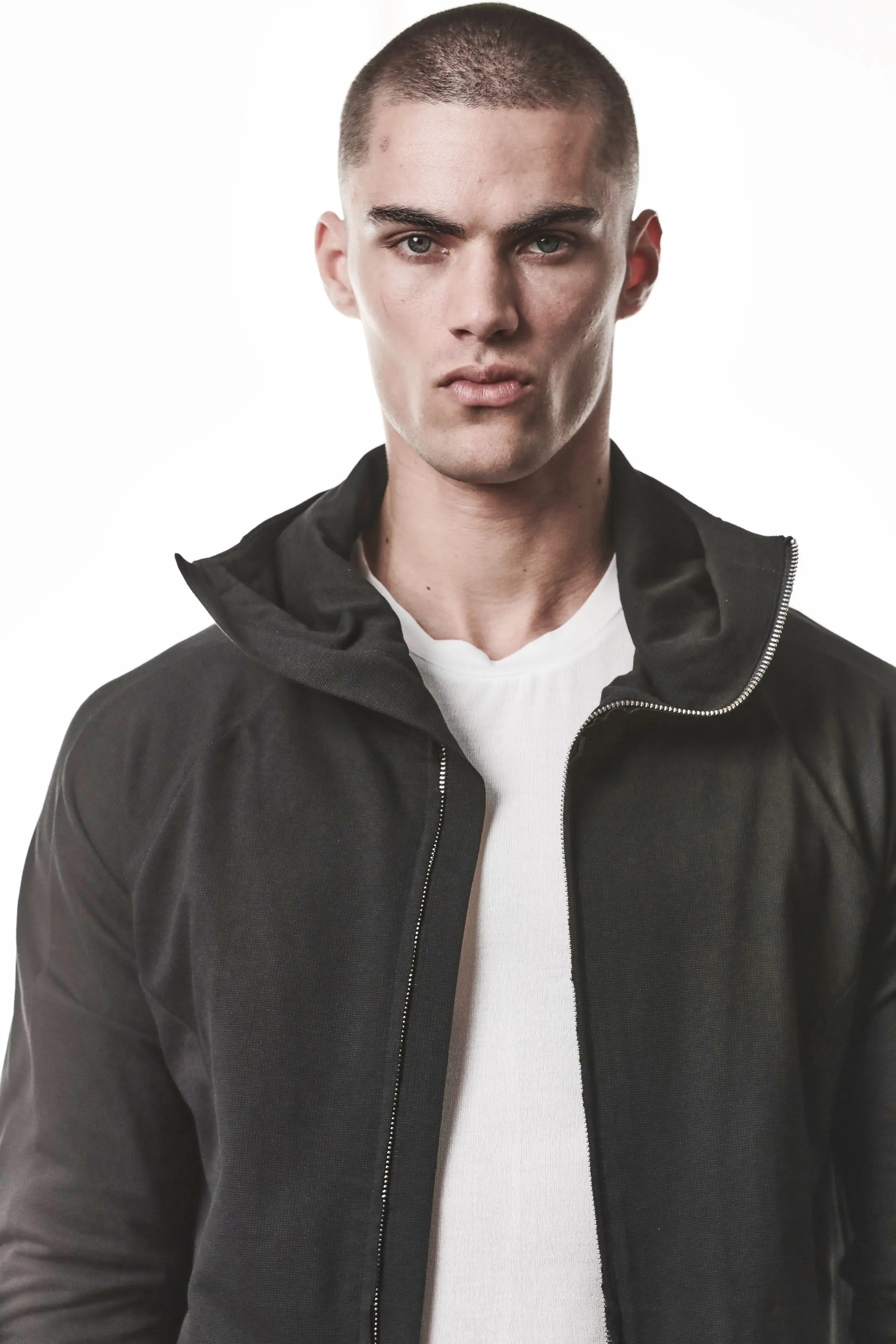Thom Krom, Mens Jacket, Black, Two-way Zip, Full-zip, Ykk Zipper, Side Pockets, Long Sleeves, Hood, Ribbed Hem and Cuffs, Hidden Pockets, Front Portrait Unzipped View. 