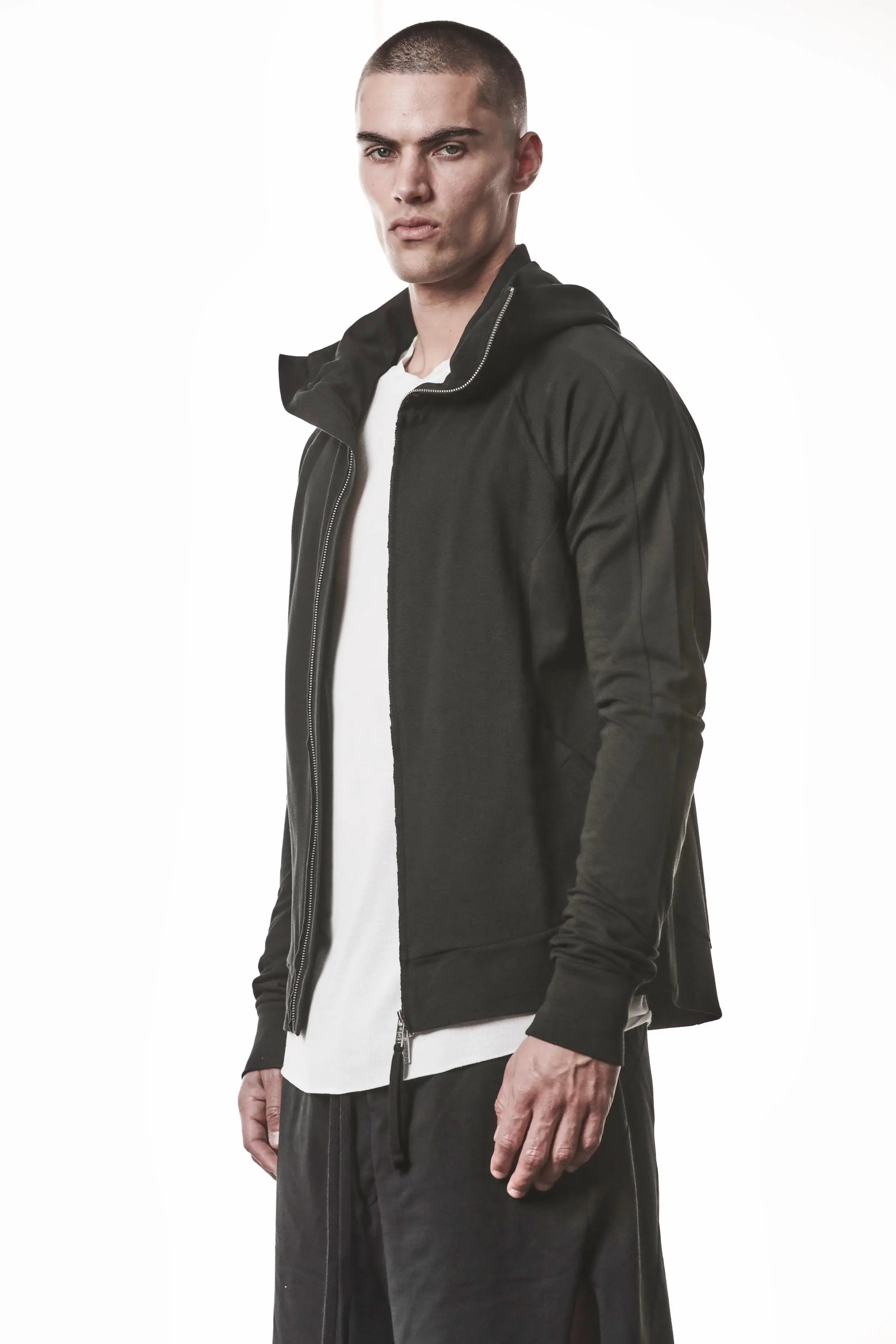 Thom Krom, Mens Jacket, Black, Two-way Zip, Full-zip, Ykk Zipper, Side Pockets, Long Sleeves, Hood, Ribbed Hem and Cuffs, Hidden Pockets, Front 3/4 View Unzipped. 