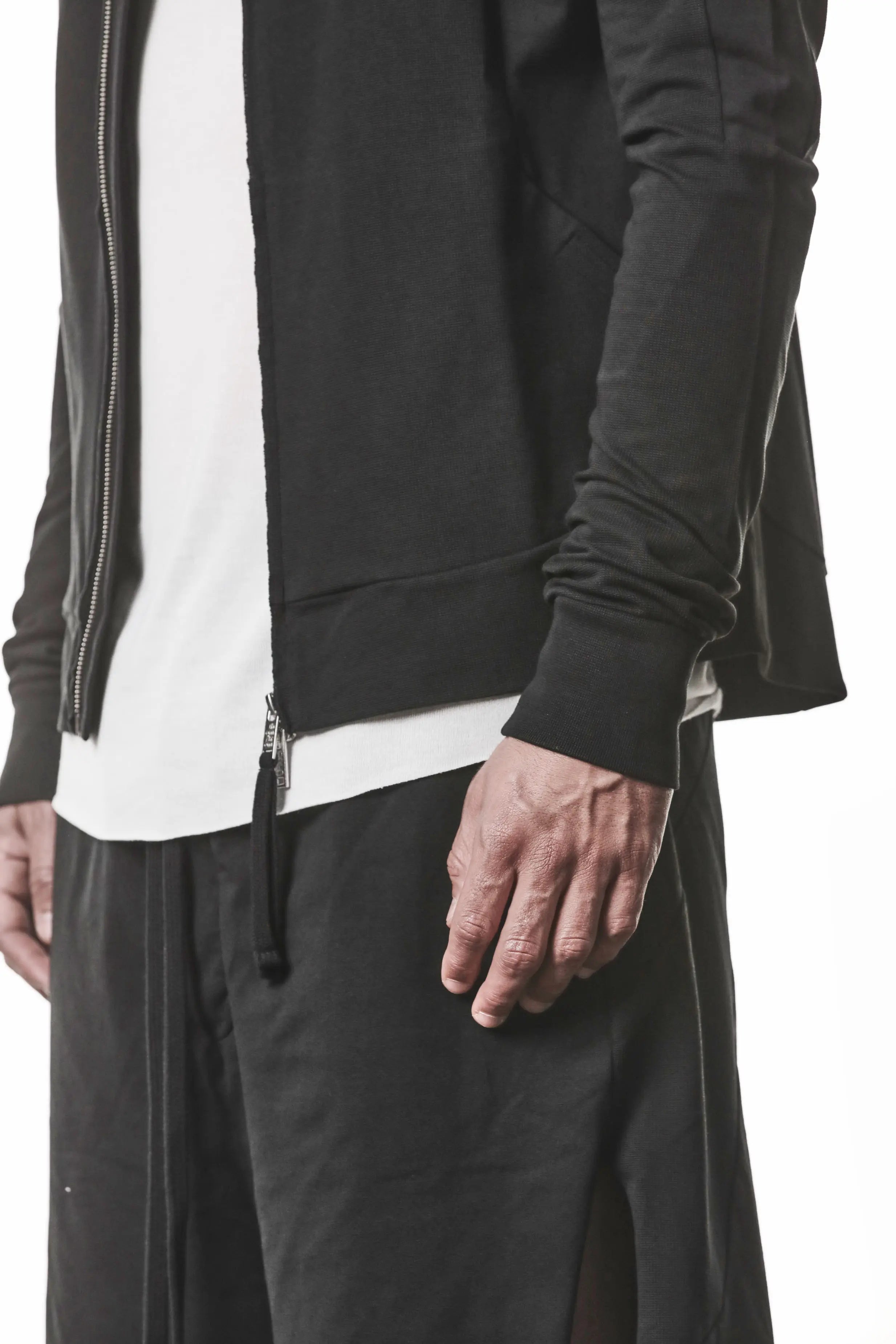 Thom Krom, Mens Jacket, Black, Two-way Zip, Full-zip, Ykk Zipper, Side Pockets, Long Sleeves, Hood, Ribbed Hem and Cuffs, Hidden Pockets, Sleeve and Top Length Close-up View. 