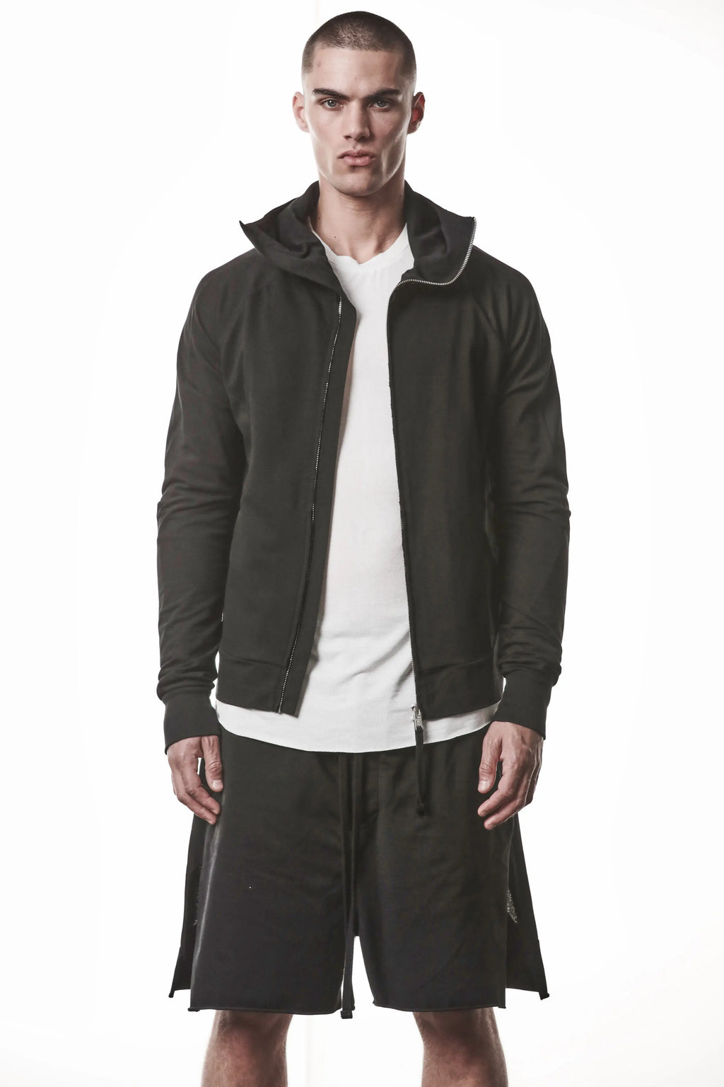 Thom Krom, Mens Jacket, Black, Two-way Zip, Full-zip, Ykk Zipper, Side Pockets, Long Sleeves, Hood, Ribbed Hem and Cuffs, Hidden Pockets, Front Portrait View. 
