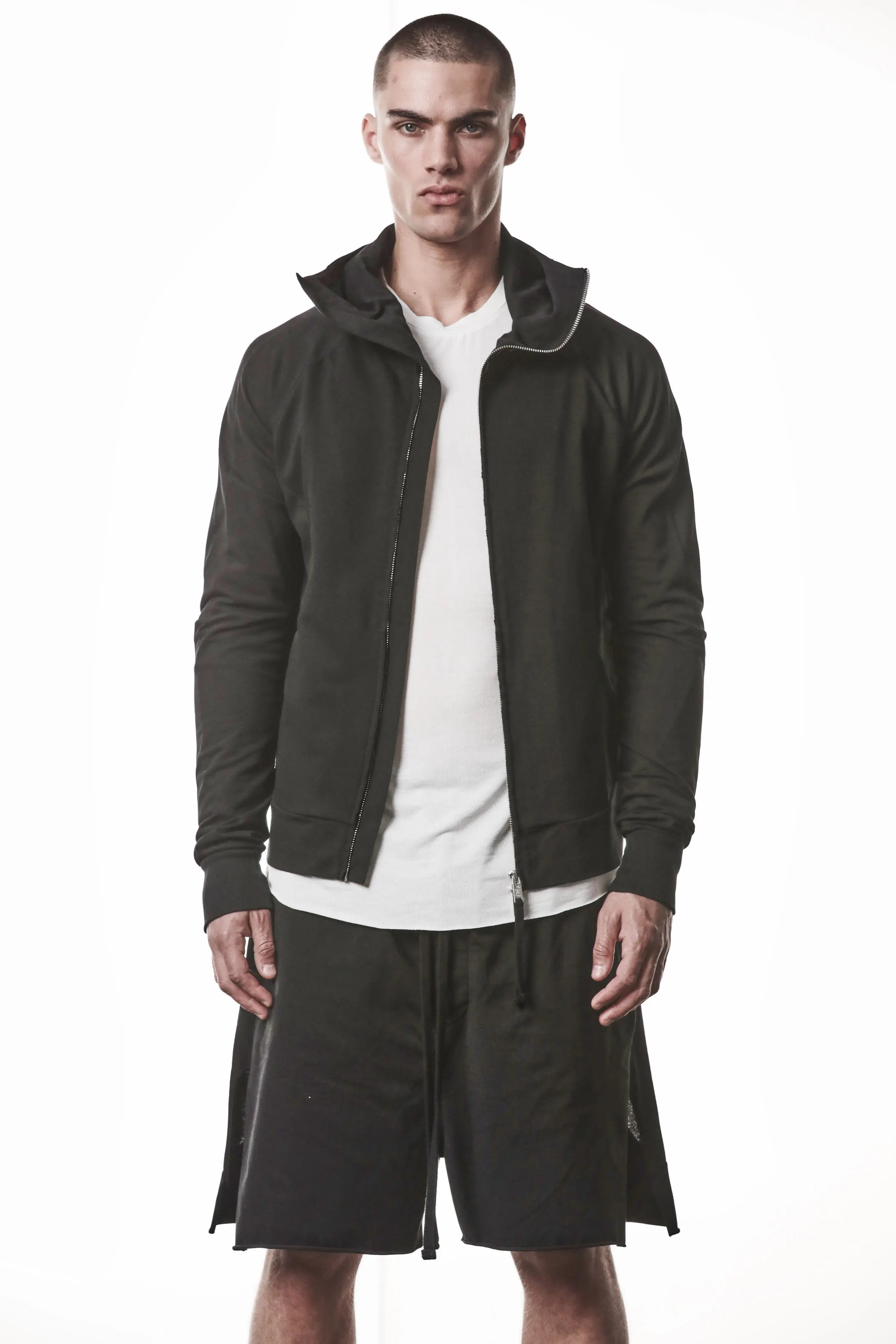Thom Krom, Mens Jacket, Black, Two-way Zip, Full-zip, Ykk Zipper, Side Pockets, Long Sleeves, Hood, Ribbed Hem and Cuffs, Hidden Pockets, Front Portrait View. 