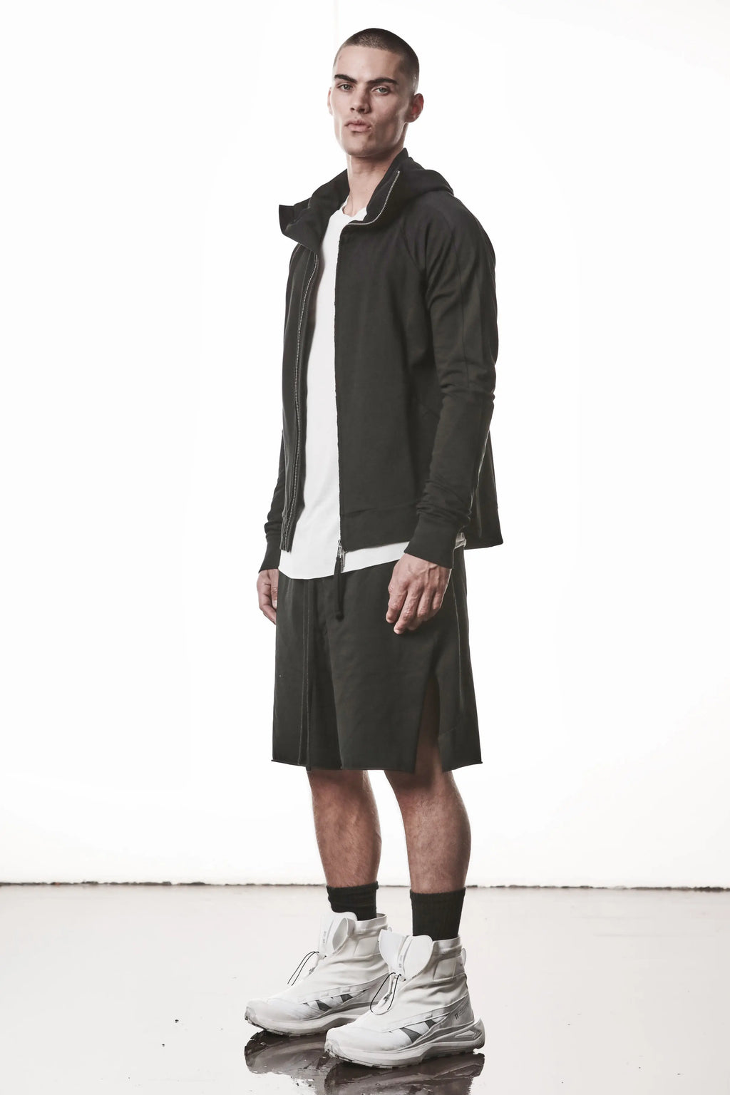 Thom Krom, Mens Jacket, Black, Two-way Zip, Full-zip, Ykk Zipper, Side Pockets, Long Sleeves, Hood, Ribbed Hem and Cuffs, Hidden Pockets, Full Body Front 3/4 View Unzipped. 