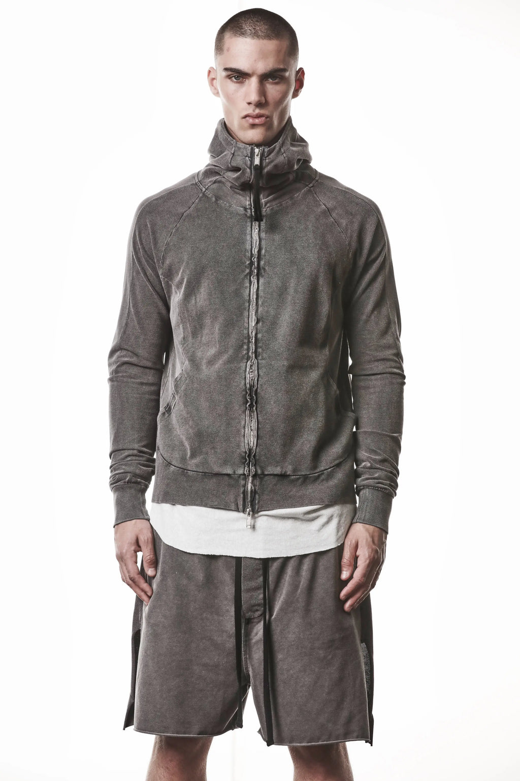 Thom Krom, Mens Jacket, Dark Used Grey, Two-way Zip, Full-zip, Ykk Zipper, Side Pockets, Long Sleeves, Hood, Ribbed Hem and Cuffs, Hidden Pockets, Front Portrait. 