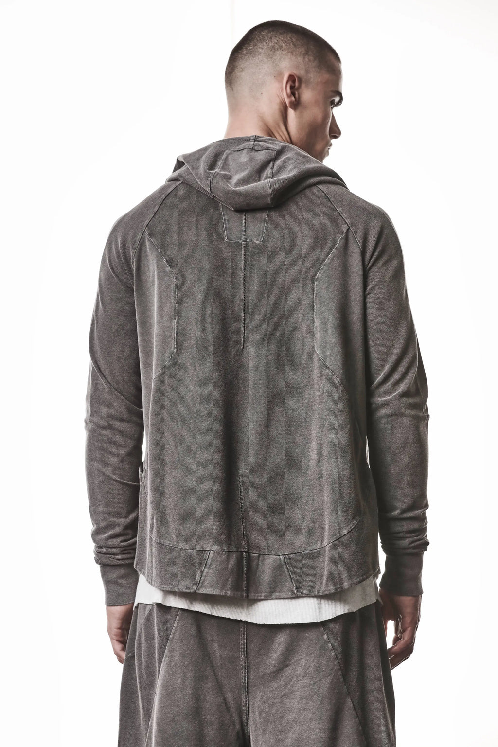 Thom Krom, Mens Jacket, Dark Used Grey, Two-way Zip, Full-zip, Ykk Zipper, Side Pockets, Long Sleeves, Hood, Ribbed Hem and Cuffs, Hidden Pockets, Back Portrait. 