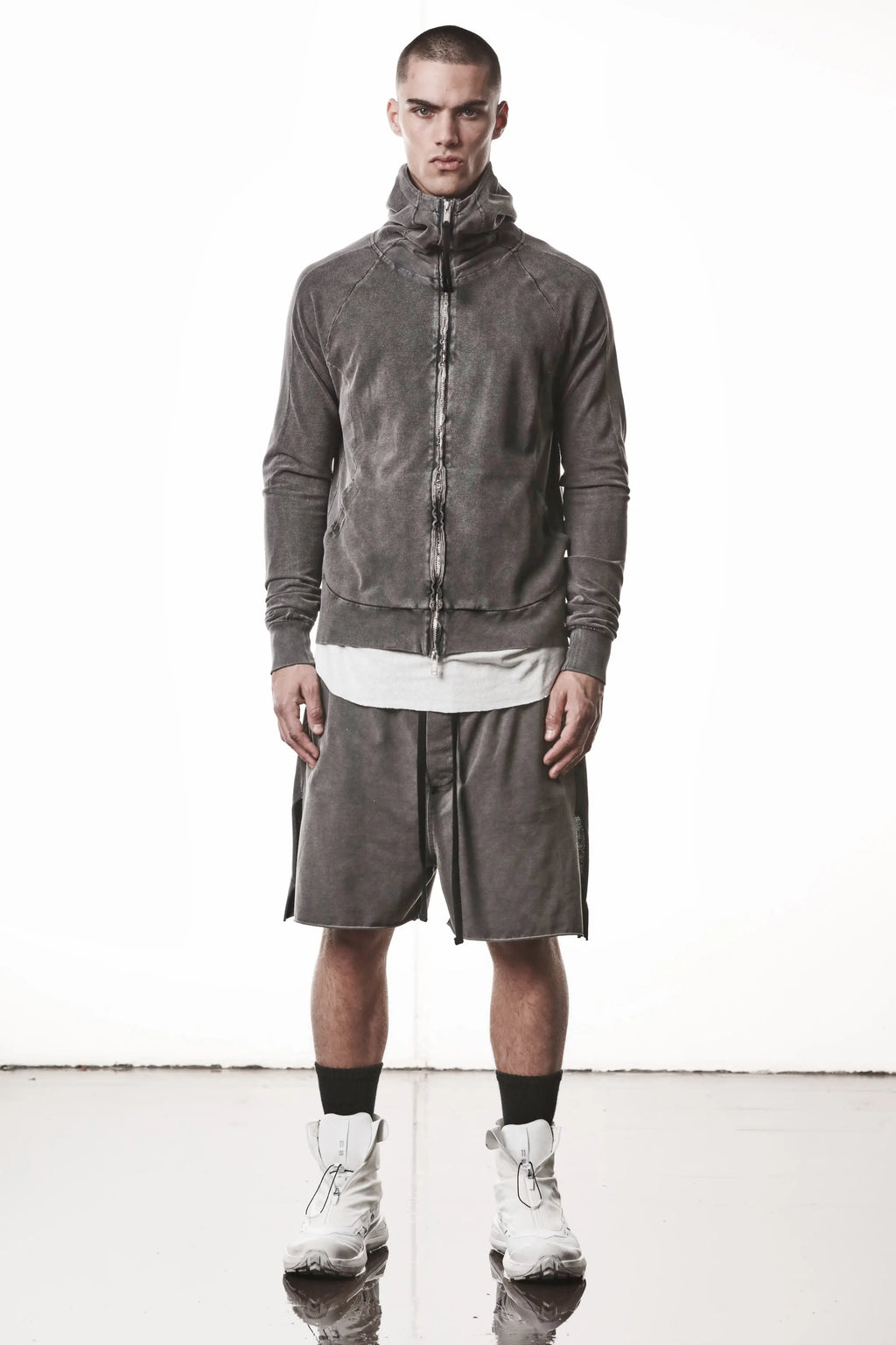 Thom Krom, Mens Jacket, Dark Used Grey, Two-way Zip, Full-zip, Ykk Zipper, Side Pockets, Long Sleeves, Hood, Ribbed Hem and Cuffs, Hidden Pockets, Back Portrait. 