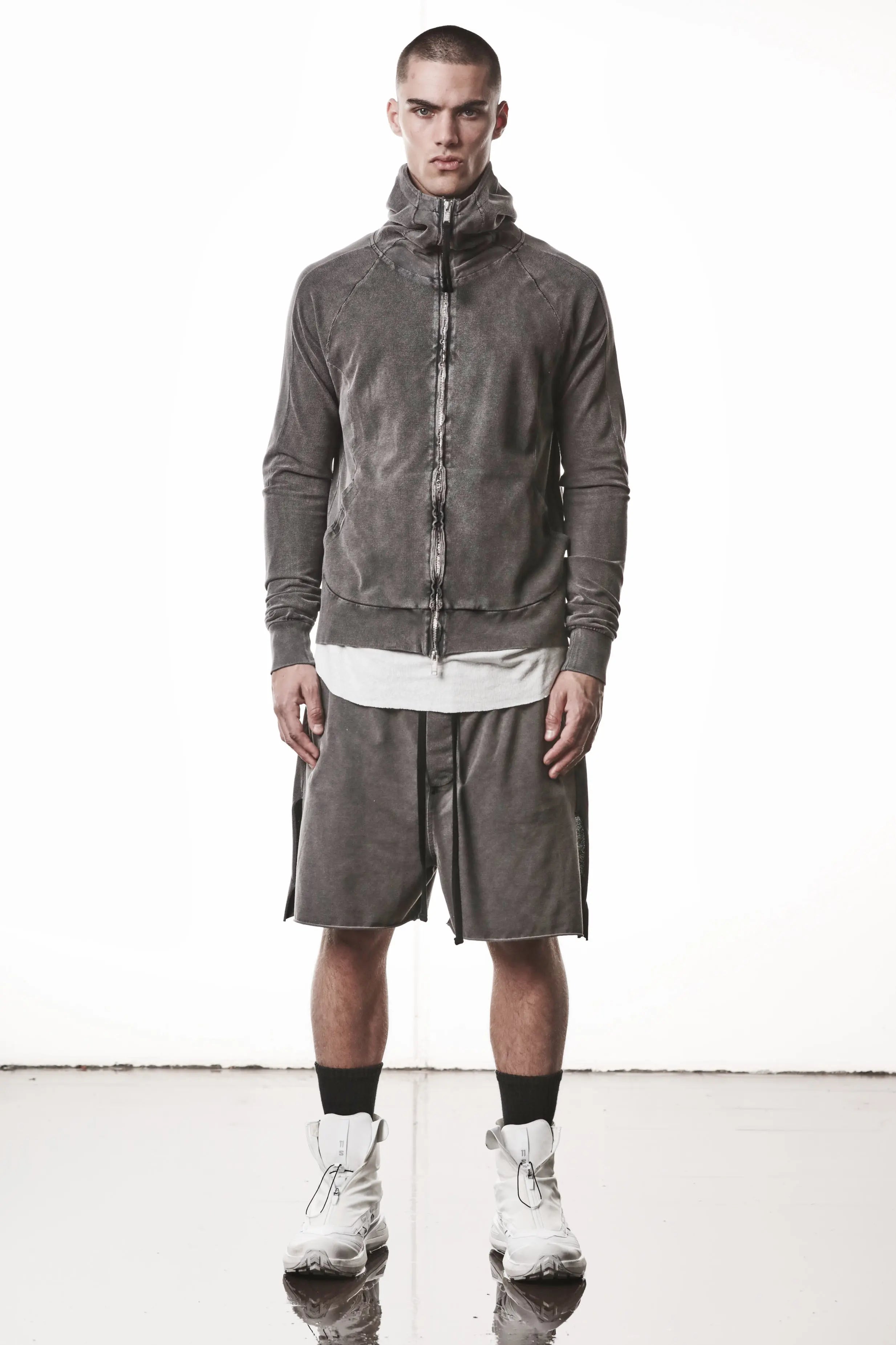 Thom Krom, Mens Jacket, Dark Used Grey, Two-way Zip, Full-zip, Ykk Zipper, Side Pockets, Long Sleeves, Hood, Ribbed Hem and Cuffs, Hidden Pockets, Back Portrait. 