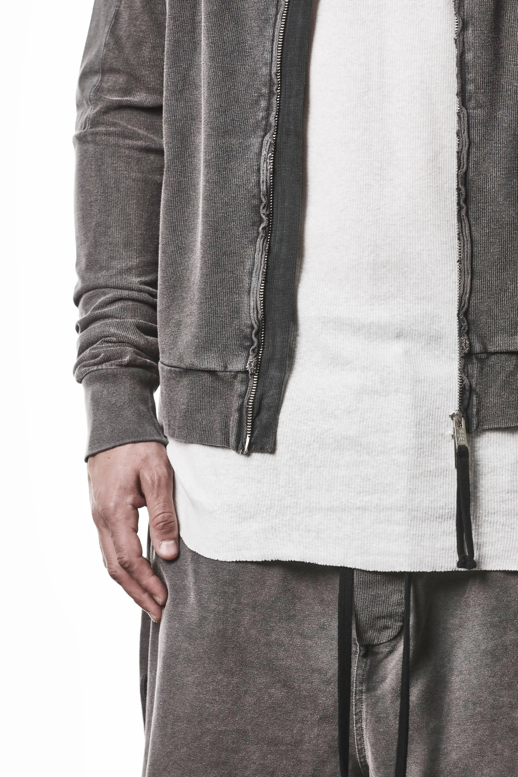 Thom Krom, Mens Jacket, Dark Used Grey, Two-way Zip, Full-zip, Ykk Zipper, Side Pockets, Long Sleeves, Hood, Ribbed Hem and Cuffs, Hidden Pockets, Sleeve Length Close-up Unzipped. 