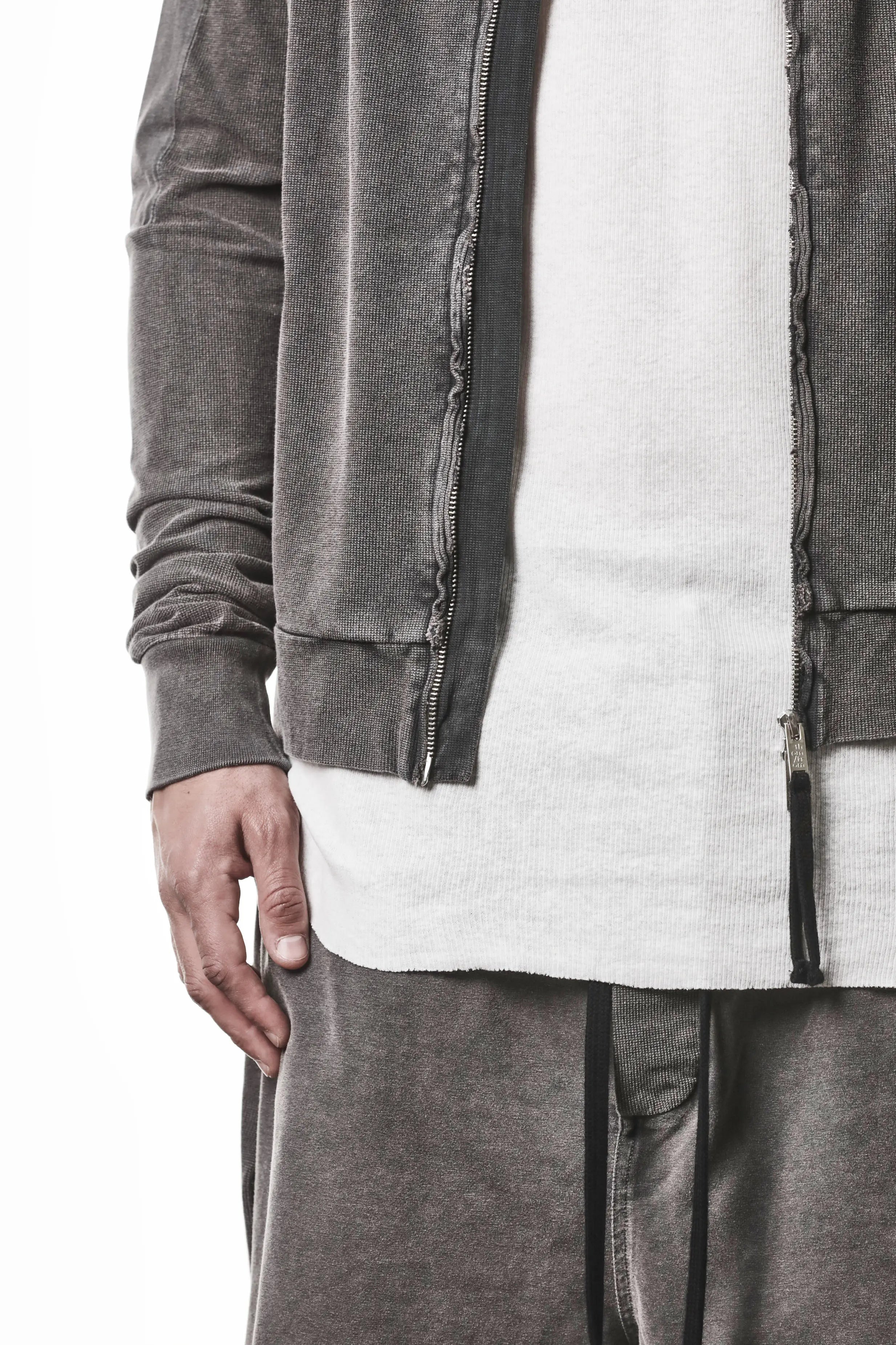 Thom Krom, Mens Jacket, Dark Used Grey, Two-way Zip, Full-zip, Ykk Zipper, Side Pockets, Long Sleeves, Hood, Ribbed Hem and Cuffs, Hidden Pockets, Sleeve Length Close-up Unzipped. 