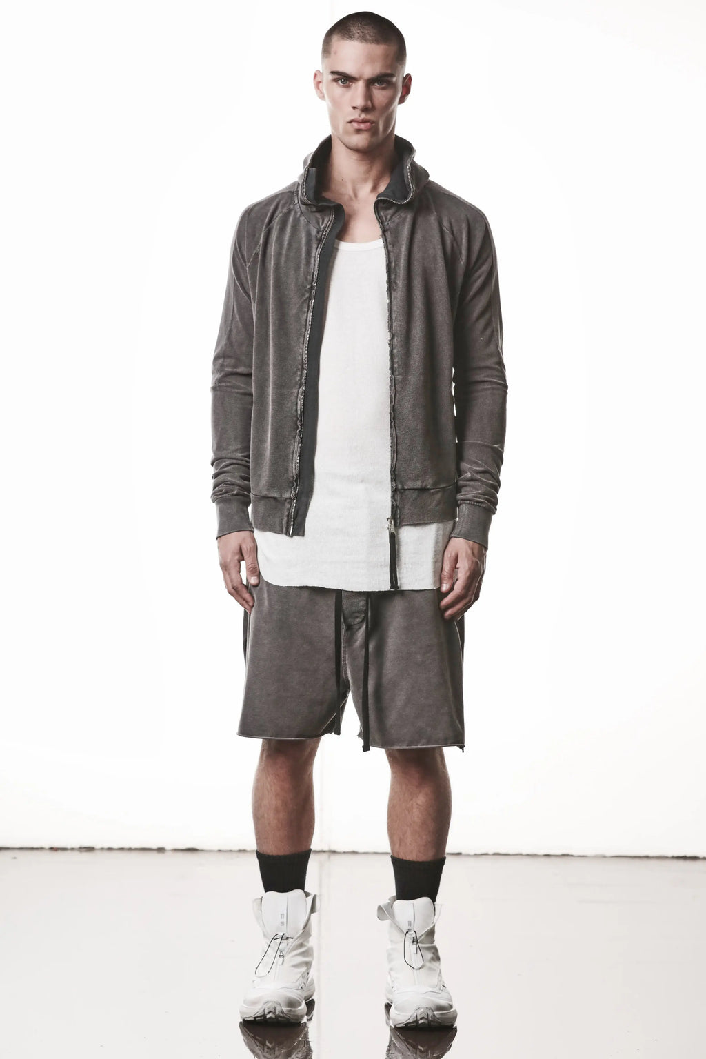 Thom Krom, Mens Jacket, Dark Used Grey, Two-way Zip, Full-zip, Ykk Zipper, Side Pockets, Long Sleeves, Hood, Ribbed Hem and Cuffs, Hidden Pockets, Full Body Front View Unzipped. 