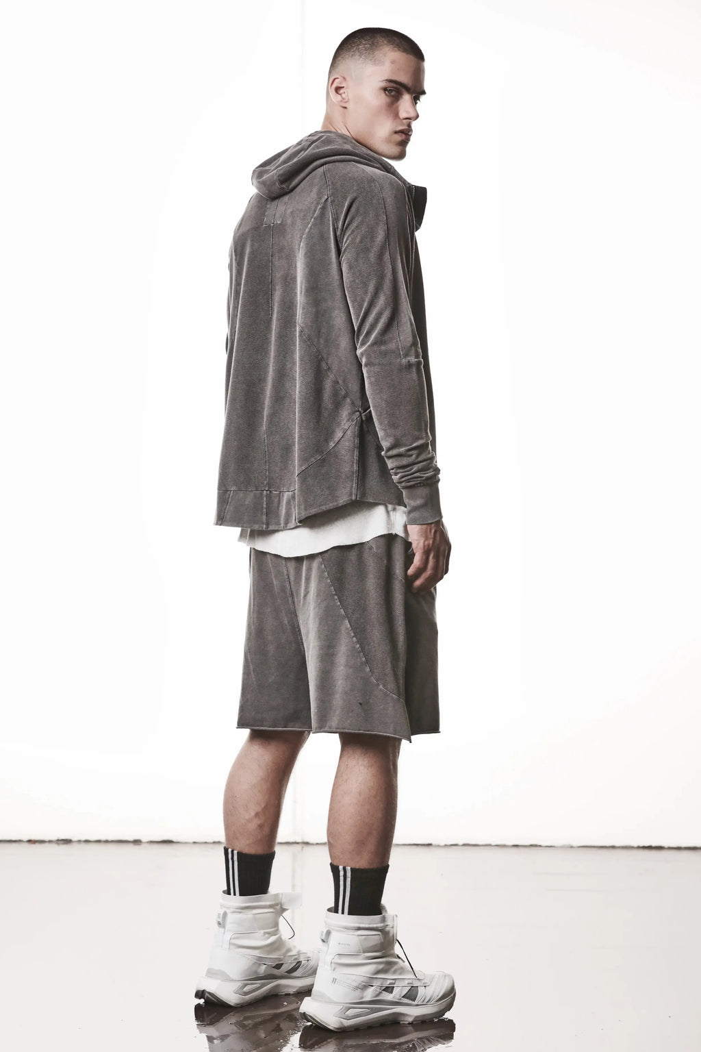 Thom Krom, Mens Jacket, Dark Used Grey, Two-way Zip, Full-zip, Ykk Zipper, Side Pockets, Long Sleeves, Hood, Ribbed Hem and Cuffs, Hidden Pockets, Full Body Back 3/4 View. 
