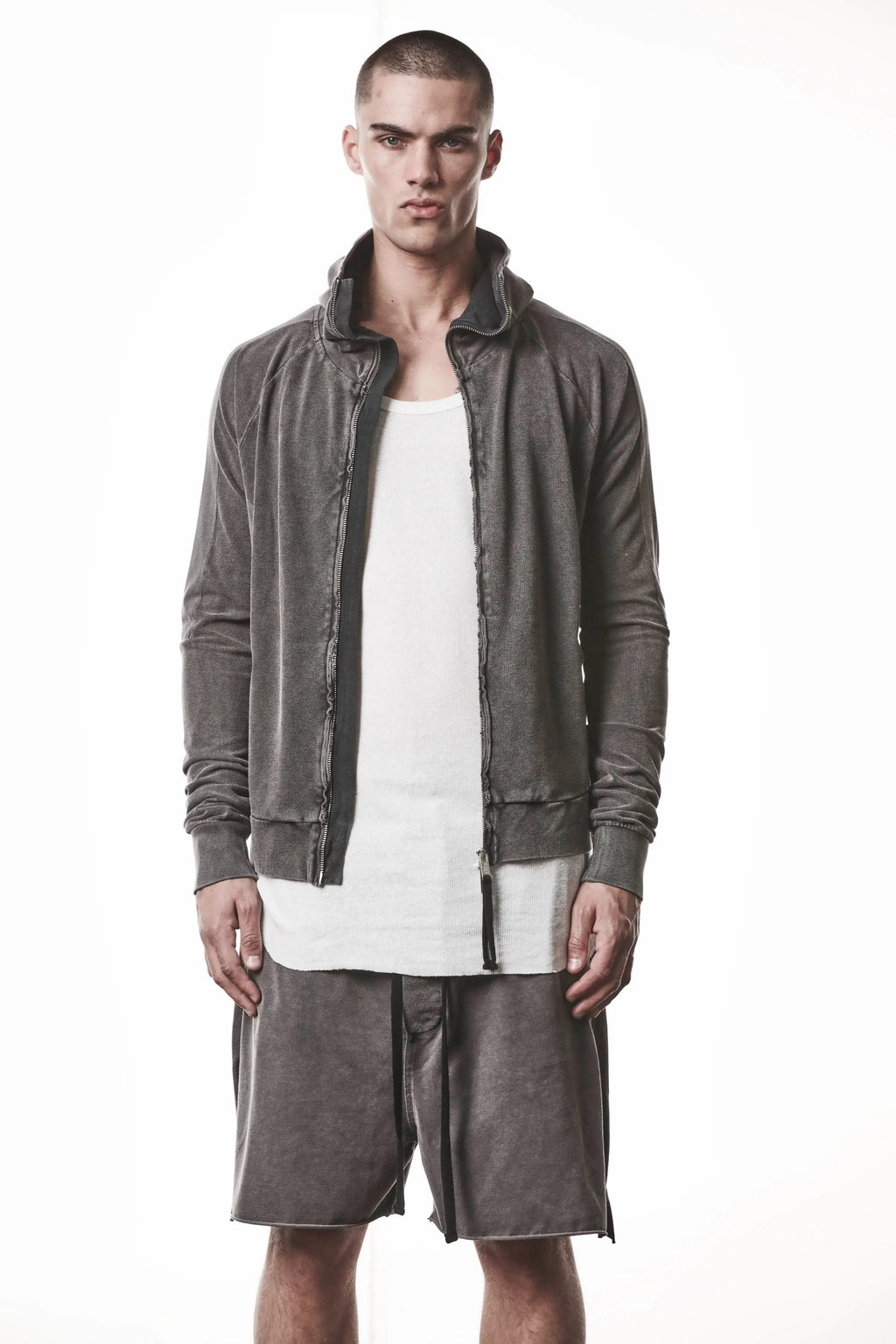 Thom Krom, Mens Jacket, Dark Used Grey, Two-way Zip, Full-zip, Ykk Zipper, Side Pockets, Long Sleeves, Hood, Ribbed Hem and Cuffs, Hidden Pockets, Front Portrait Unzipped. 