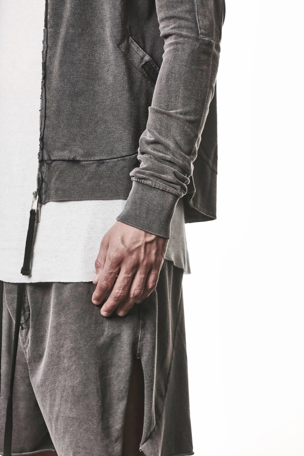 Thom Krom, Mens Jacket, Dark Used Grey, Two-way Zip, Full-zip, Ykk Zipper, Side Pockets, Long Sleeves, Hood, Ribbed Hem and Cuffs, Hidden Pockets, Cuff Close-up Unzipped View. 