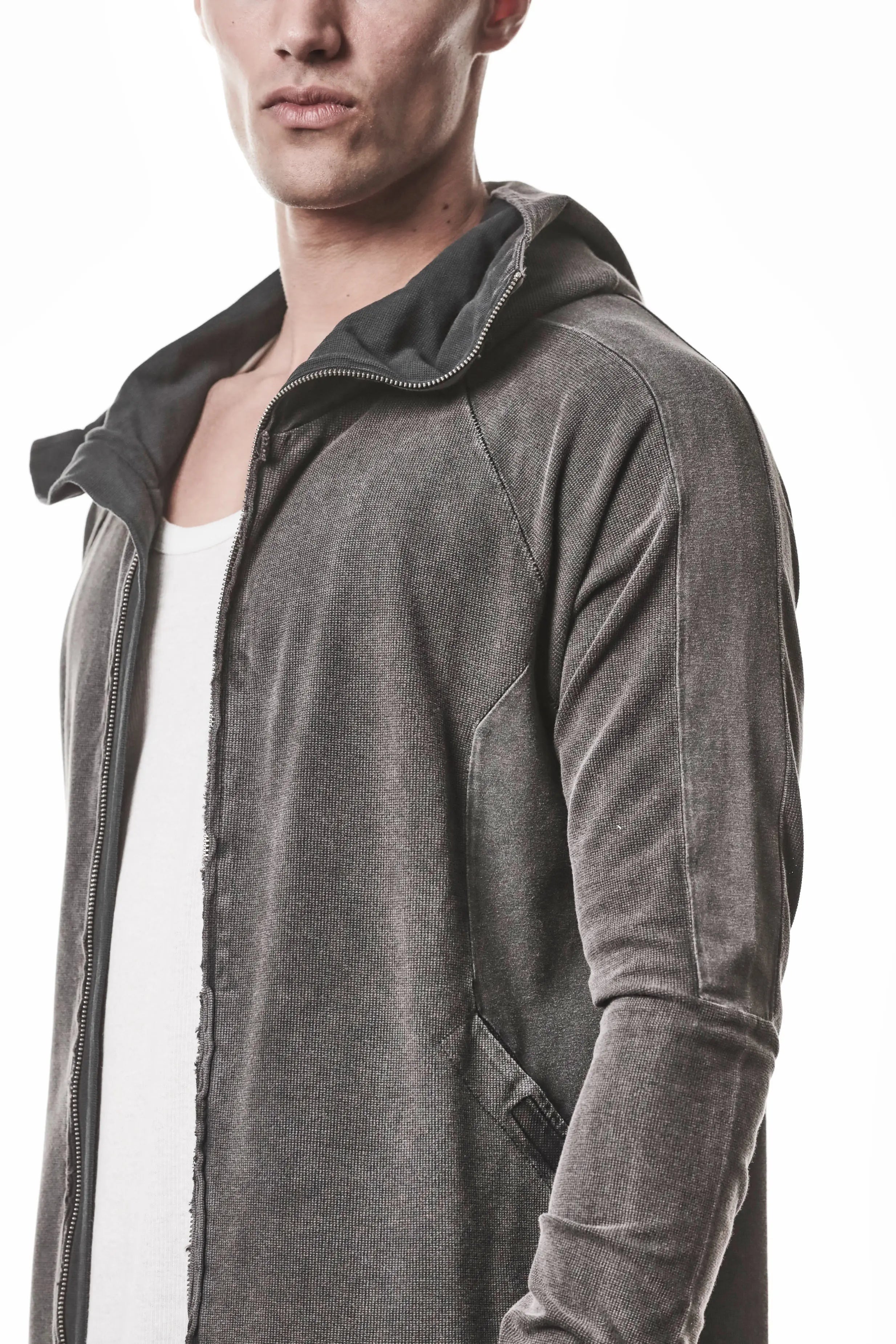 Thom Krom, Mens Jacket, Dark Used Grey, Two-way Zip, Full-zip, Ykk Zipper, Side Pockets, Long Sleeves, Hood, Ribbed Hem and Cuffs, Hidden Pockets, Unzipped Upper Body Close-up. 
