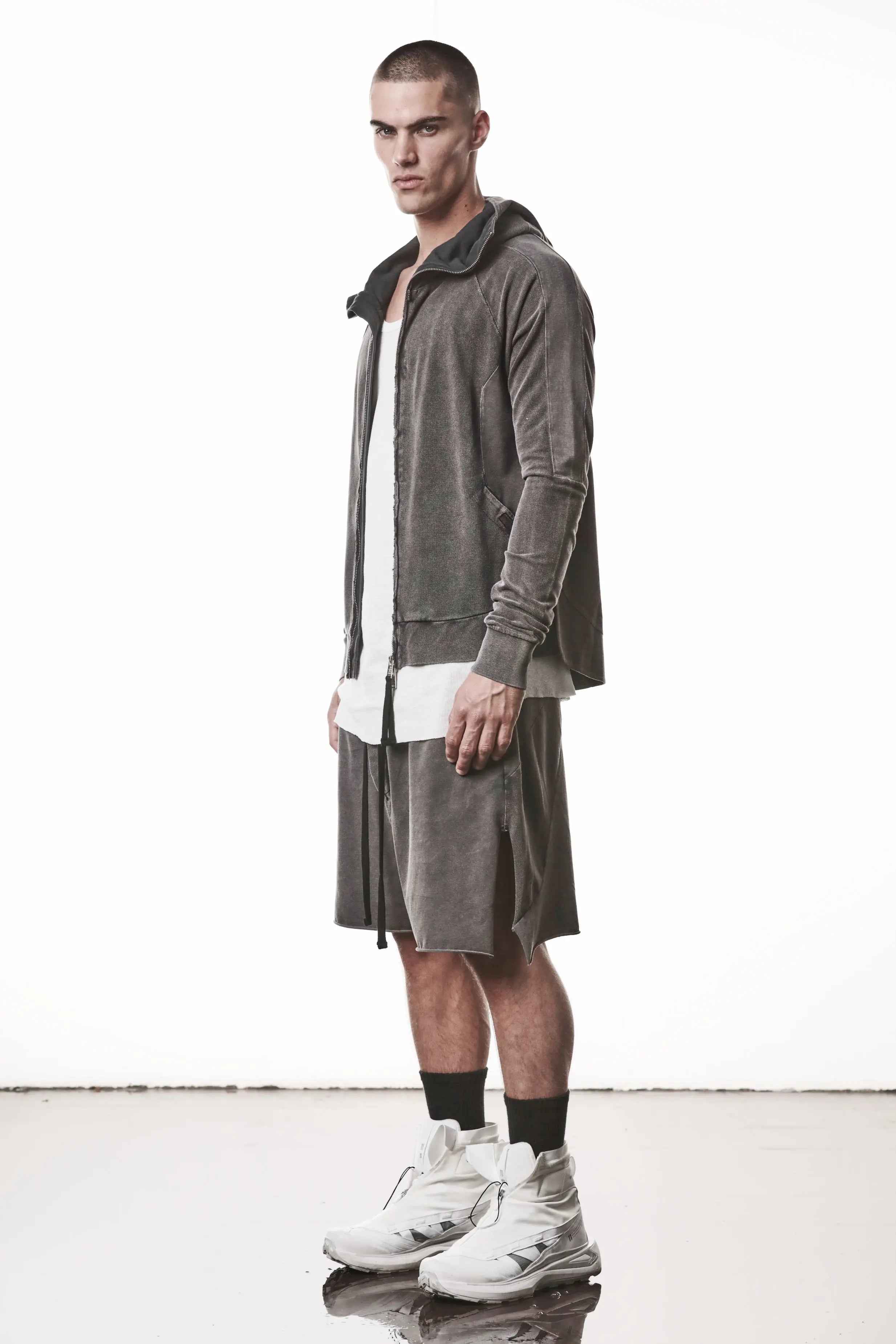 Thom Krom, Mens Jacket, Dark Used Grey, Two-way Zip, Full-zip, Ykk Zipper, Side Pockets, Long Sleeves, Hood, Ribbed Hem and Cuffs, Hidden Pockets, Full Body Front 3/4 View Unzipped. 