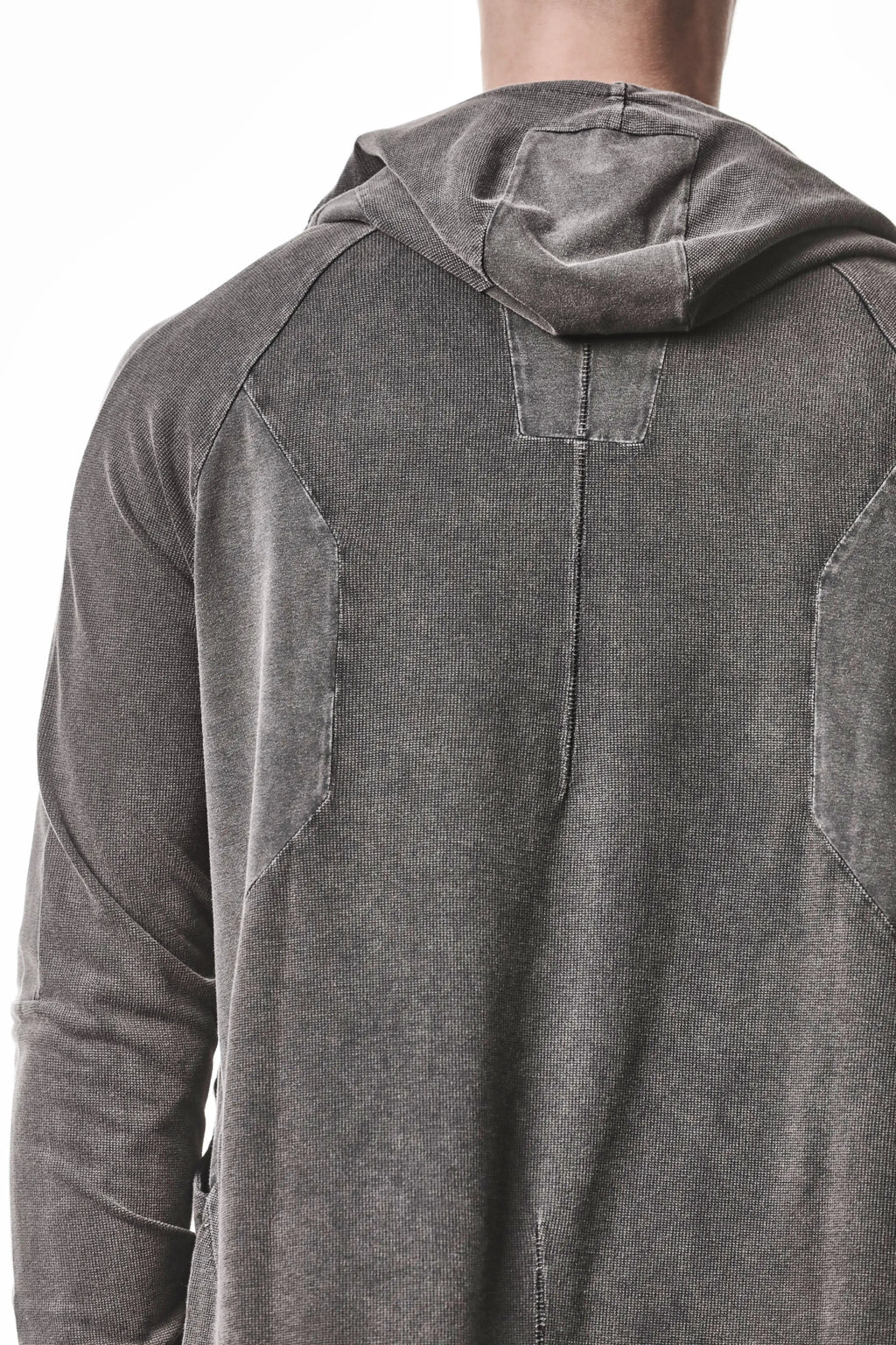 Thom Krom, Mens Jacket, Dark Used Grey, Two-way Zip, Full-zip, Ykk Zipper, Side Pockets, Long Sleeves, Hood, Ribbed Hem and Cuffs, Hidden Pockets, Back Inserts Close-up. 