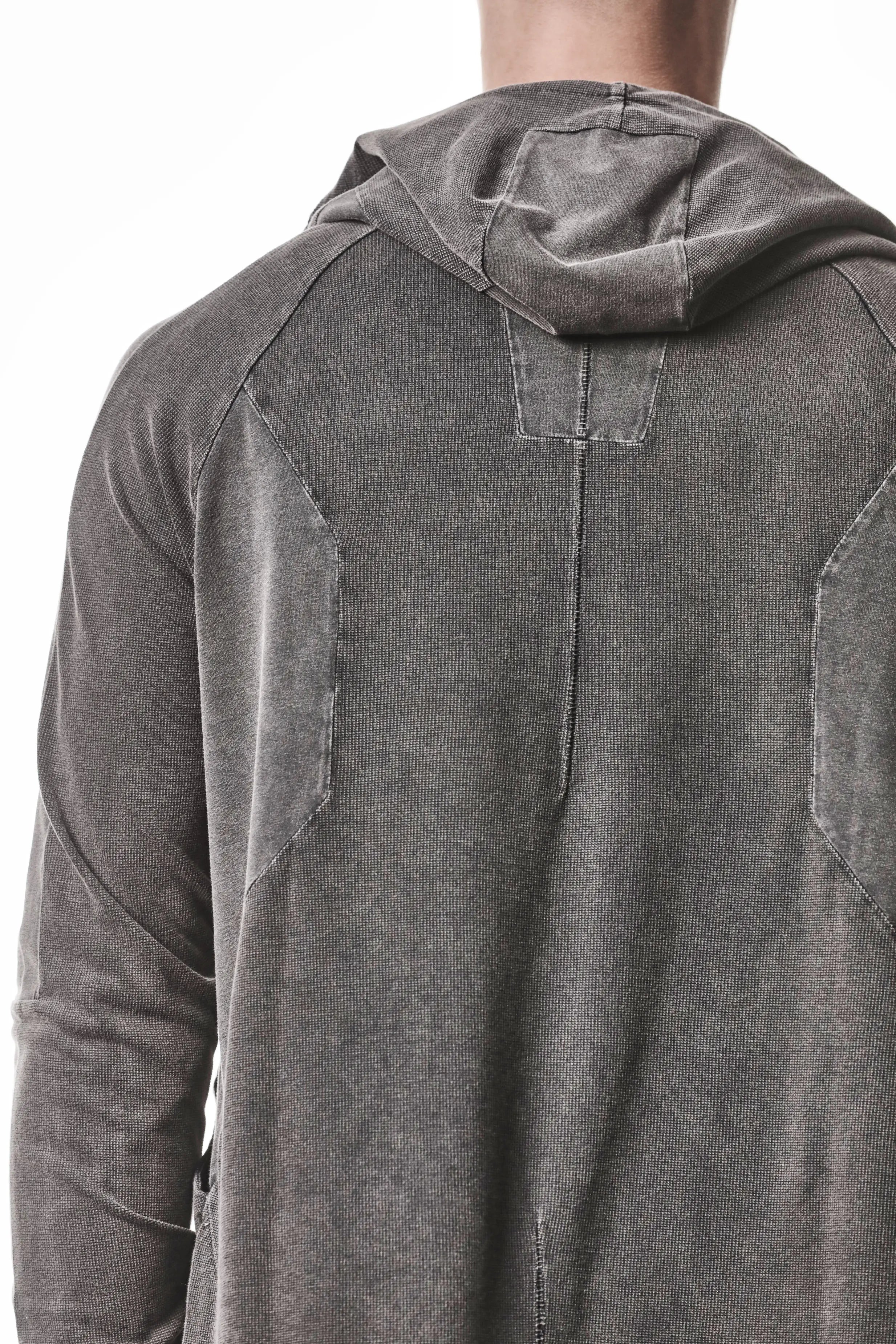 Thom Krom, Mens Jacket, Dark Used Grey, Two-way Zip, Full-zip, Ykk Zipper, Side Pockets, Long Sleeves, Hood, Ribbed Hem and Cuffs, Hidden Pockets, Back Inserts Close-up. 