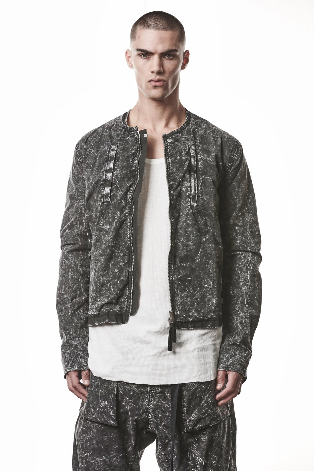 Thom Krom, Mens Jacket, Black Marble, Full-Zip, Two-Way Zipper, YKK Zippers, Zip Pockets, Functional Pockets, Side Pockets, Neck Button Closure, Long Sleeves, Front View. 