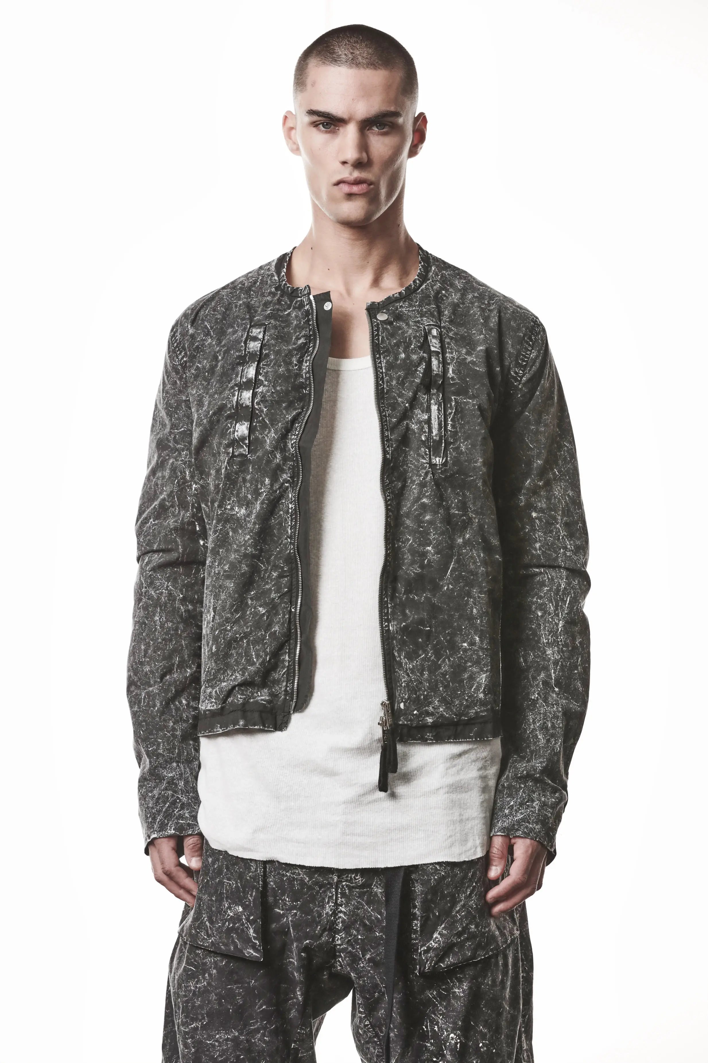 Thom Krom, Mens Jacket, Black Marble, Full-Zip, Two-Way Zipper, YKK Zippers, Zip Pockets, Functional Pockets, Side Pockets, Neck Button Closure, Long Sleeves, Front View. 
