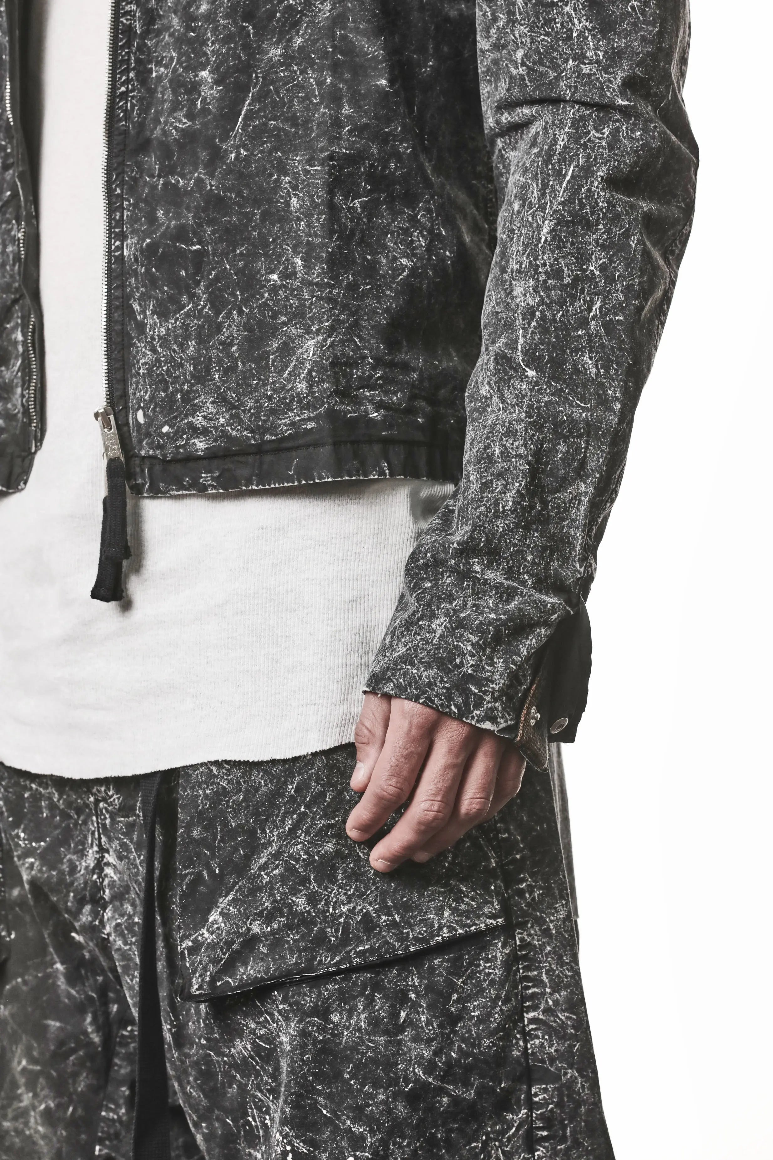 Thom Krom, Mens Jacket, Black Marble, Full-Zip, Two-Way Zipper, YKK Zippers, Zip Pockets, Functional Pockets, Side Pockets, Neck Button Closure, Long Sleeves, Sleeve fit Close-up. 