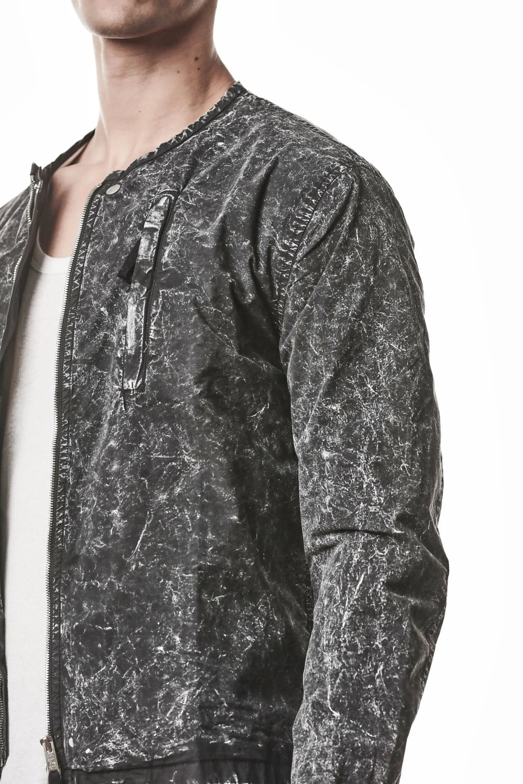 Thom Krom, Mens Jacket, Black Marble, Full-Zip, Two-Way Zipper, YKK Zippers, Zip Pockets, Functional Pockets, Side Pockets, Neck Button Closure, Long Sleeves, Shoulder Fit Close-up. 