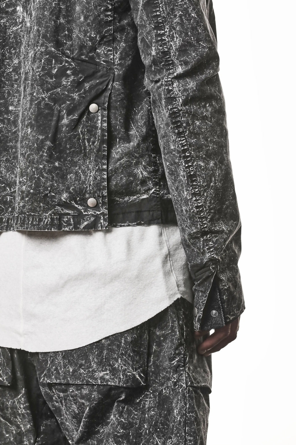 Thom Krom, Mens Jacket, Black Marble, Full-Zip, Two-Way Zipper, YKK Zippers, Zip Pockets, Functional Pockets, Side Pockets, Neck Button Closure, Long Sleeves, Back Length Showcase. 