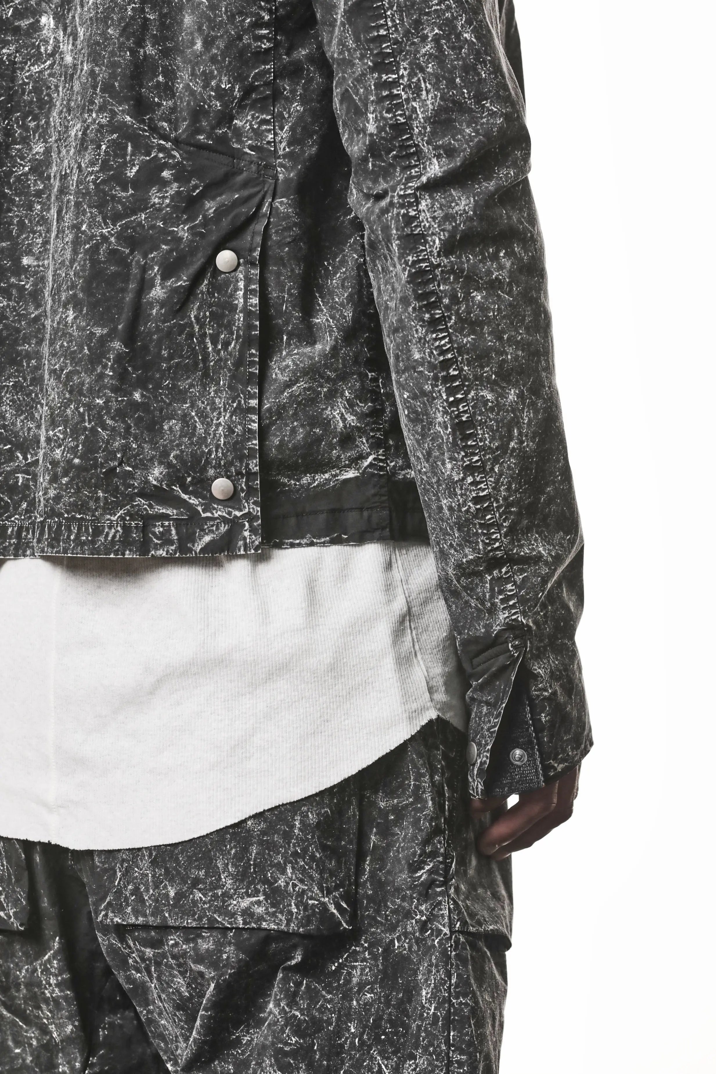 Thom Krom, Mens Jacket, Black Marble, Full-Zip, Two-Way Zipper, YKK Zippers, Zip Pockets, Functional Pockets, Side Pockets, Neck Button Closure, Long Sleeves, Back Length Showcase. 