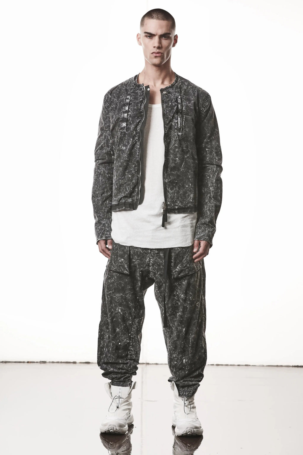 Thom Krom, Mens Jacket, Black Marble, Full-Zip, Two-Way Zipper, YKK Zippers, Zip Pockets, Functional Pockets, Side Pockets, Neck Button Closure, Long Sleeves, Full Body Front View. 