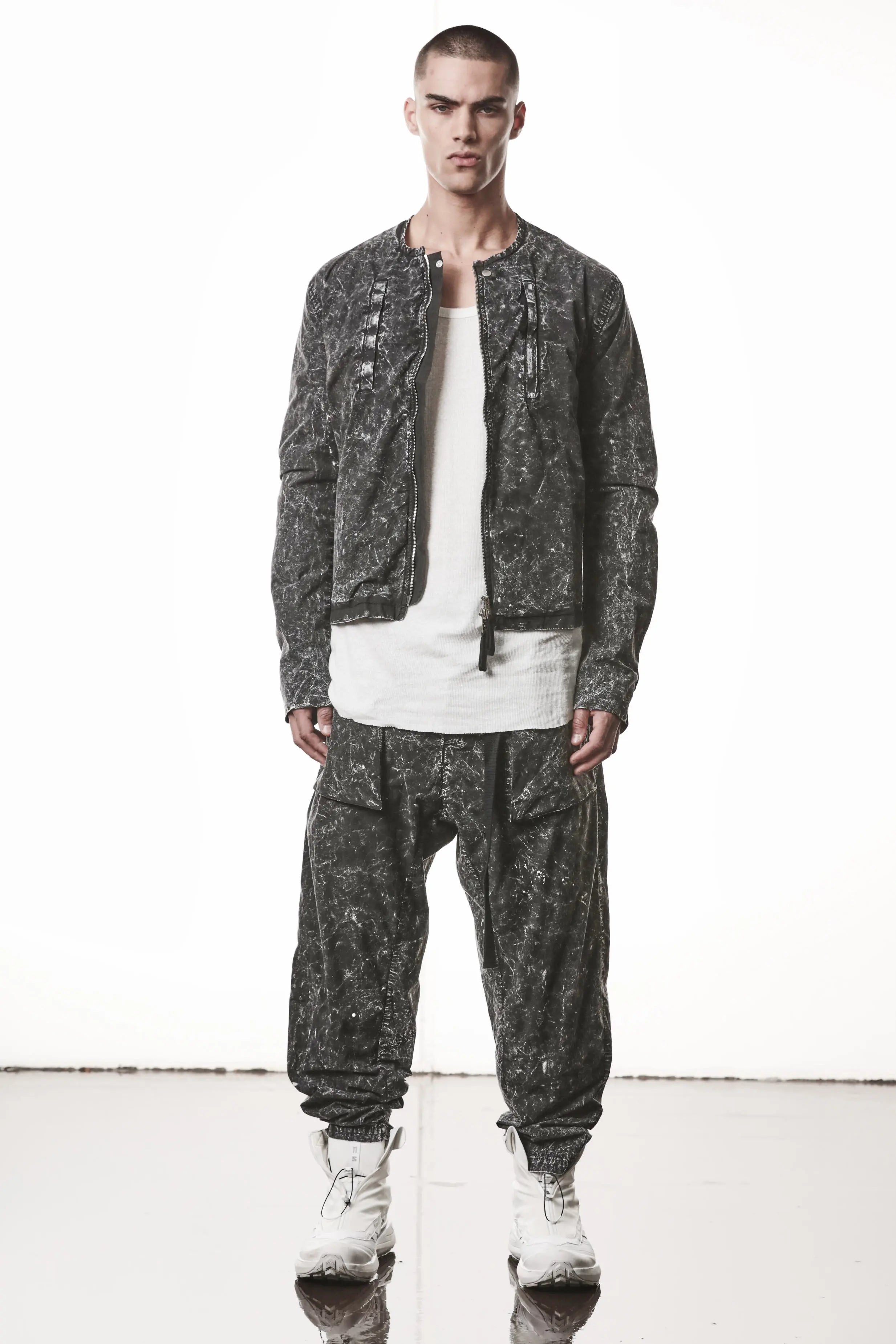 Thom Krom, Mens Jacket, Black Marble, Full-Zip, Two-Way Zipper, YKK Zippers, Zip Pockets, Functional Pockets, Side Pockets, Neck Button Closure, Long Sleeves, Full Body Front View. 