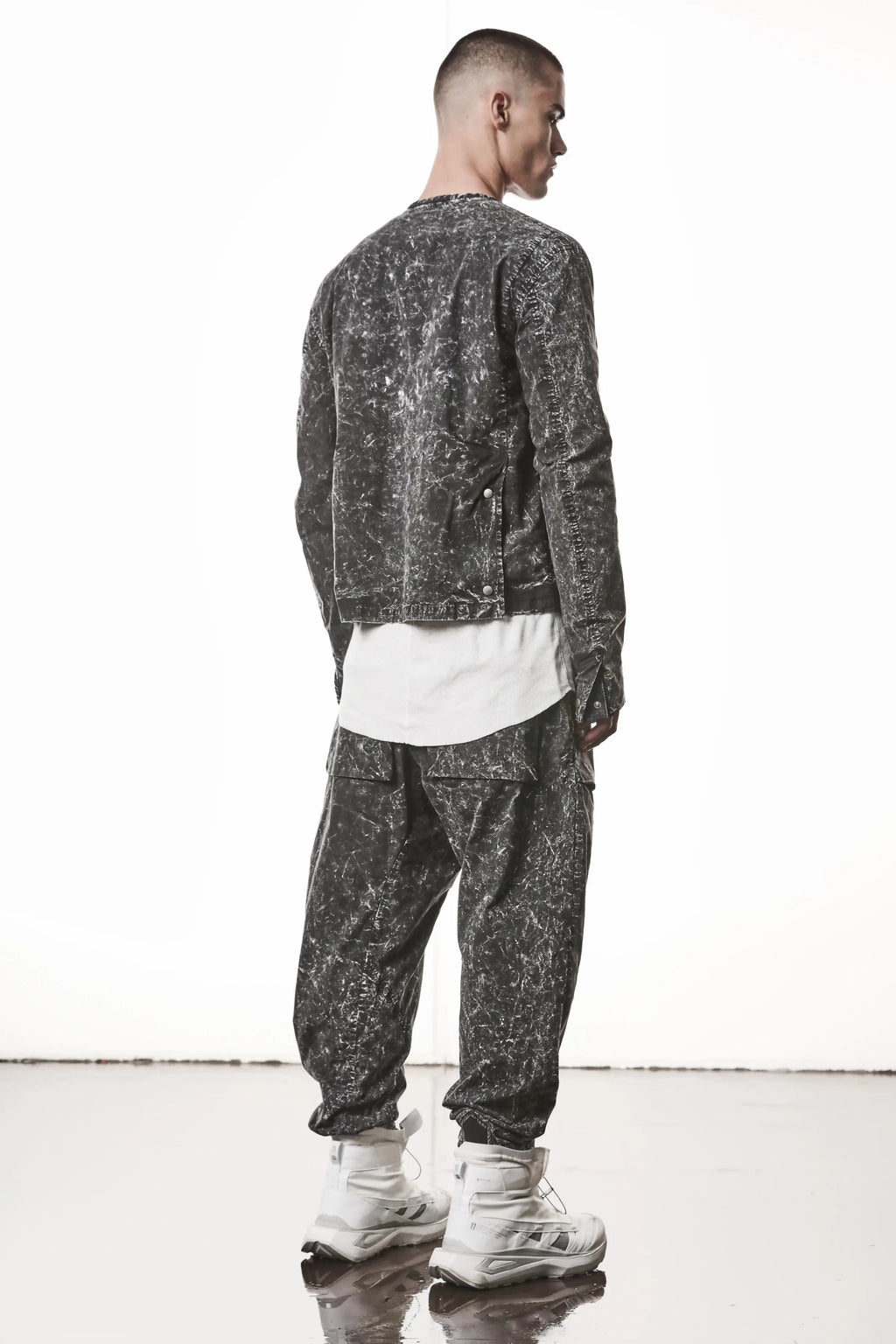 Thom Krom, Mens Jacket, Black Marble, Full-Zip, Two-Way Zipper, YKK Zippers, Zip Pockets, Functional Pockets, Side Pockets, Neck Button Closure, Long Sleeves, Back 3/4 View. 